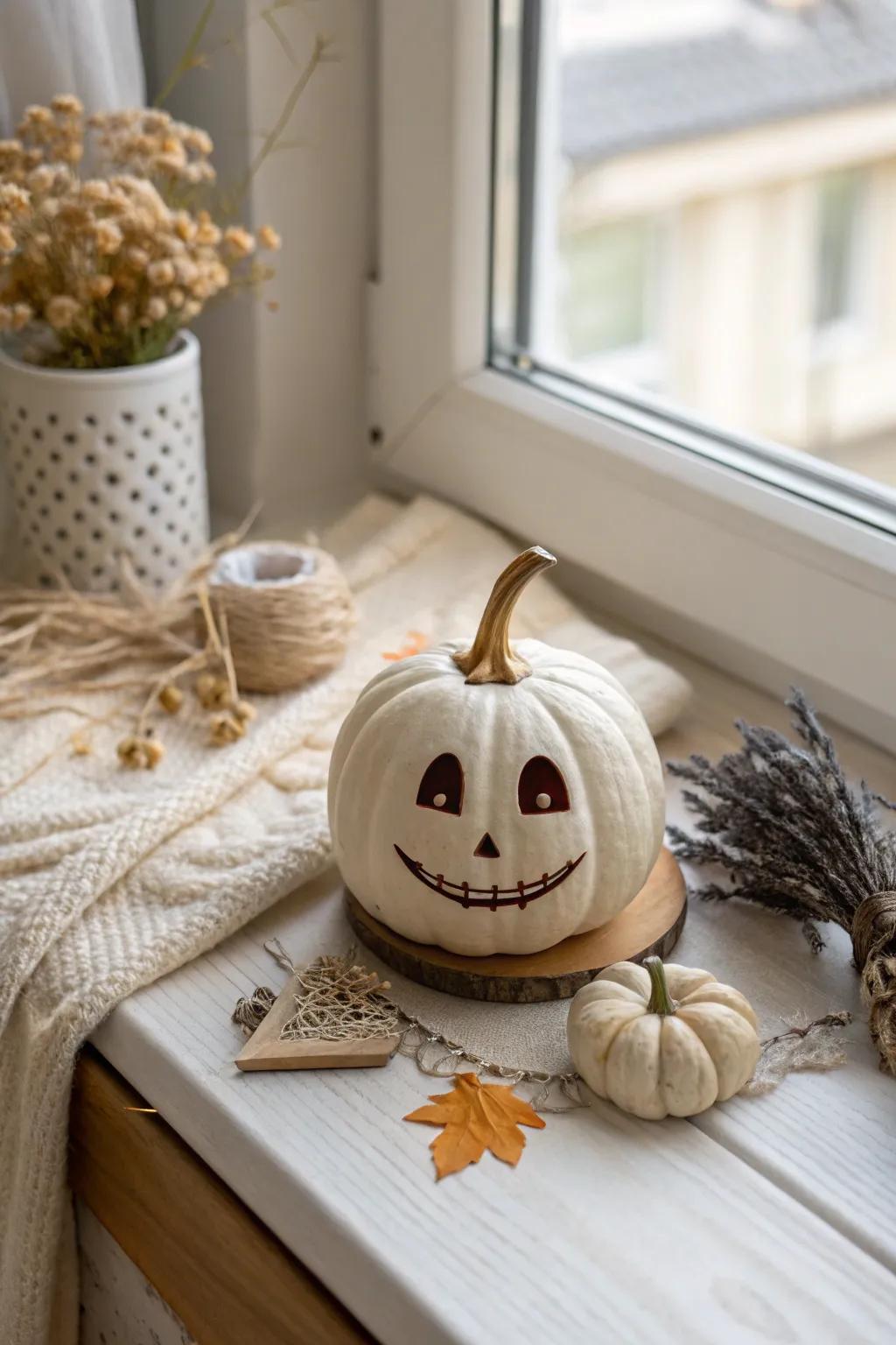 Charming mini gourd faces: simplicity meets artistry in a cozy Scandinavian setting.
