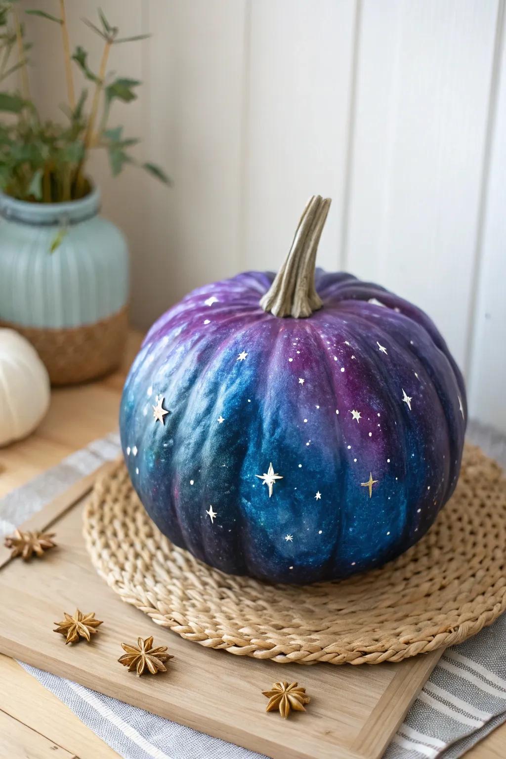 Using this gorgeous cosmic pumpkin, hold the cosmos in your hands. Suited for adding a hint of cosmic beauty to your decorations.