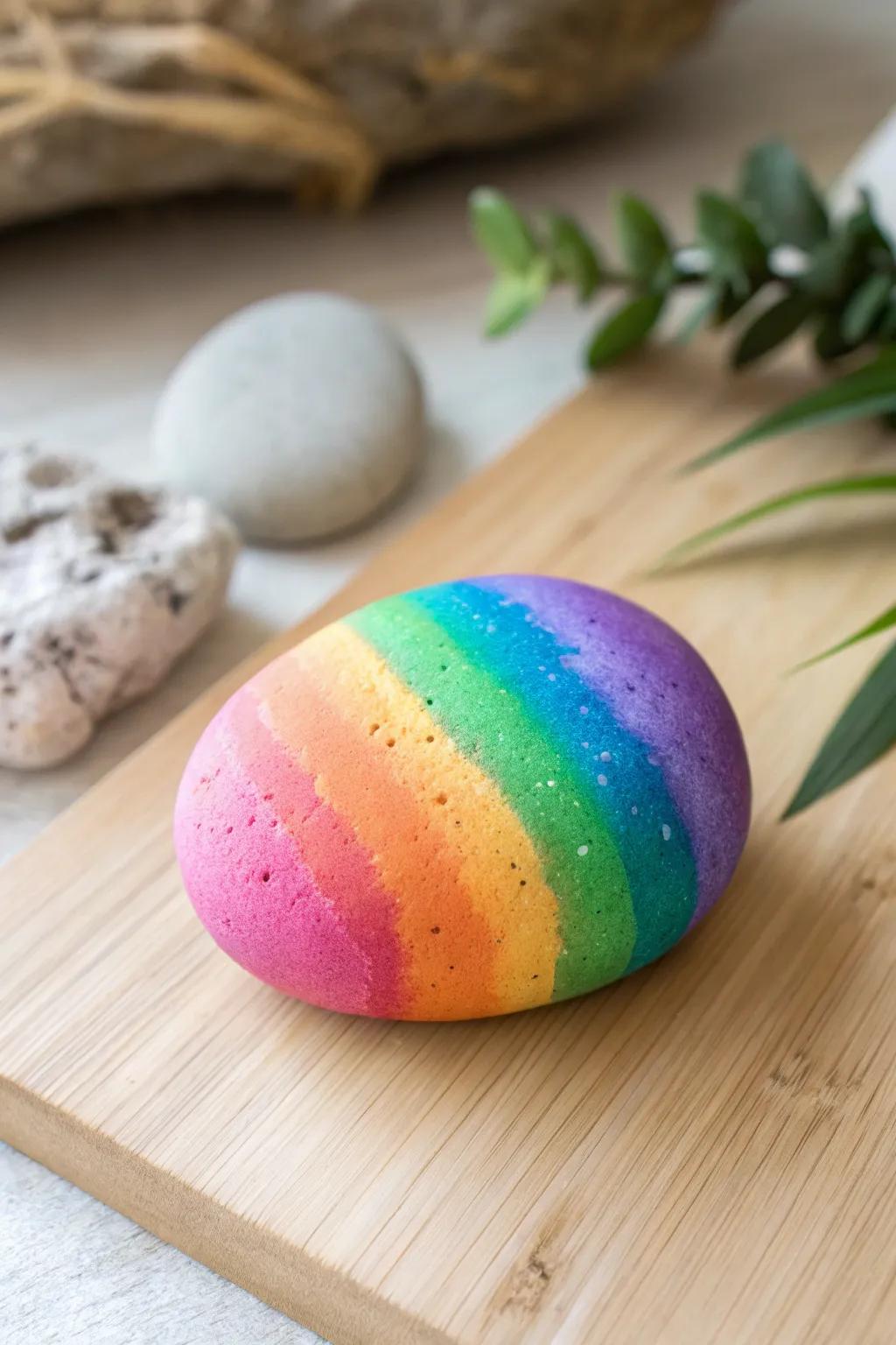 Embrace serenity with a rainbow ombre painted rock – a minimalist touch of color and craft.