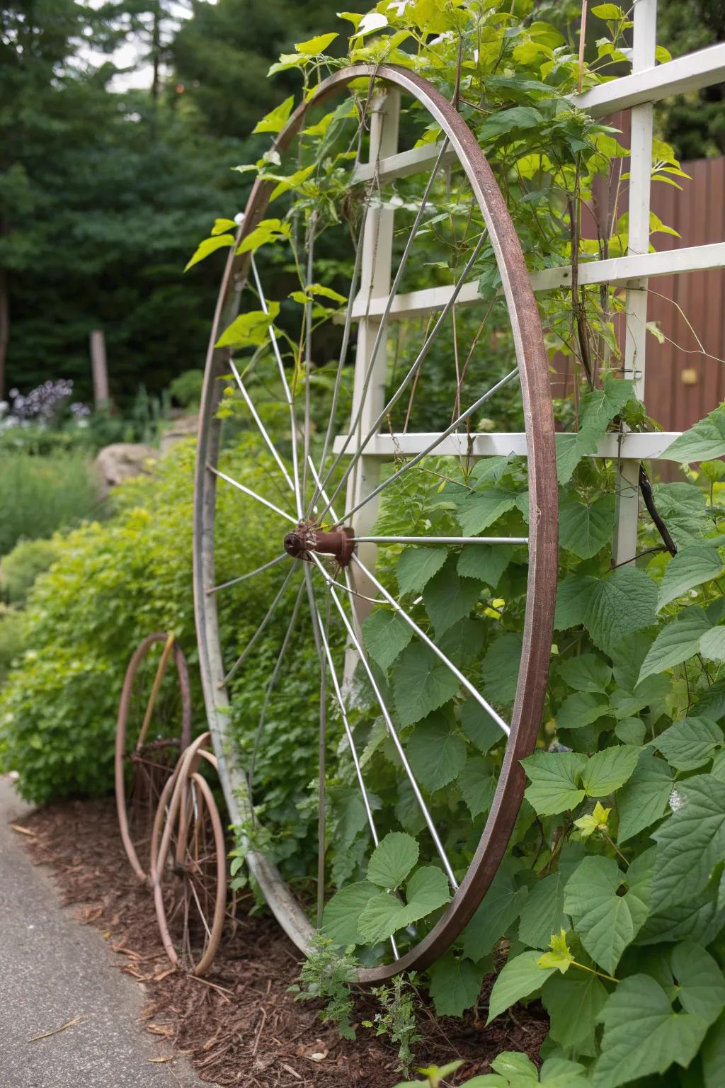 Innovative Artistry: Elevate Your Botanic Expanse through a Bicycle Wheel Arbor Support.