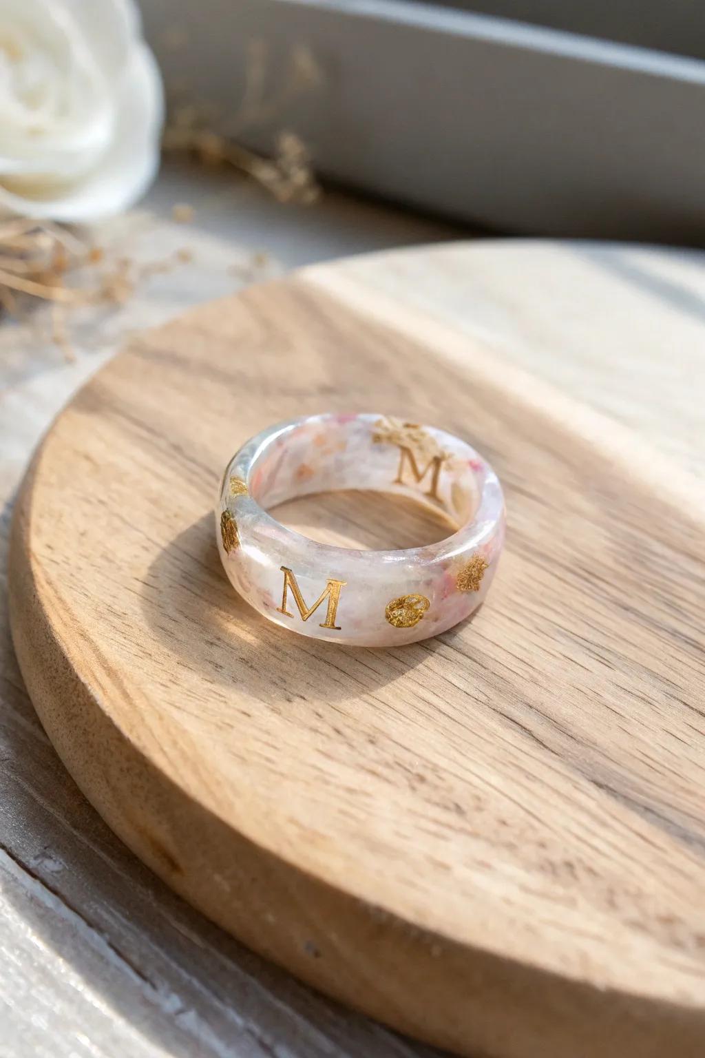 Embrace simplicity with a personalized touch: a resin ring with golden inscriptions.