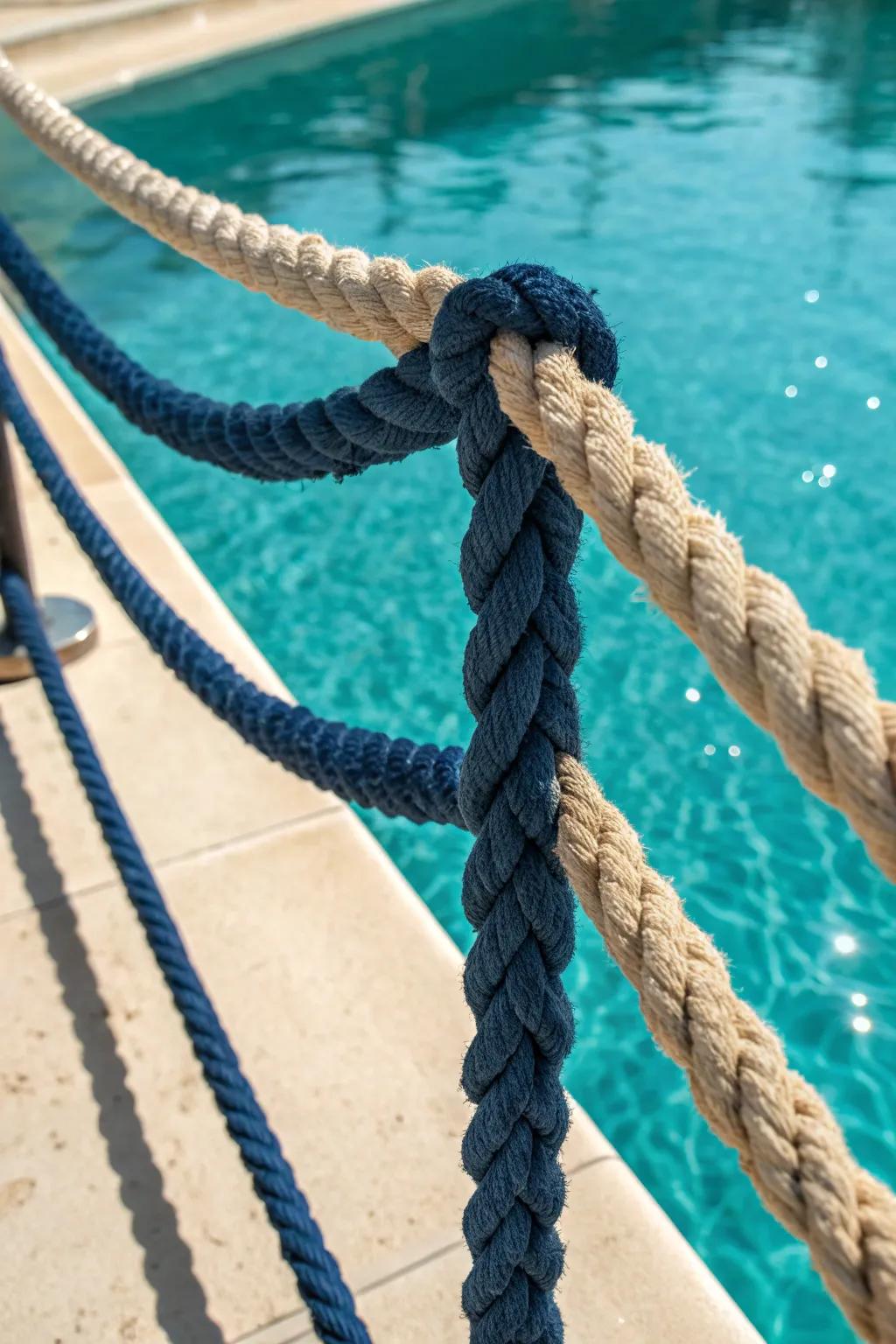 Enhance your poolside escape with artisanal rope handrails for that quintessential vacation atmosphere.