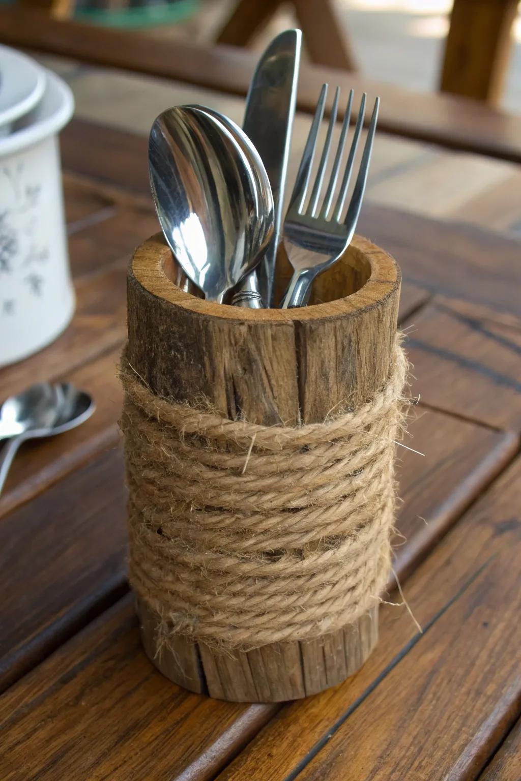 Elevate your table arrangement with handcrafted charm: Cord-Bound Flatware Sleeve.