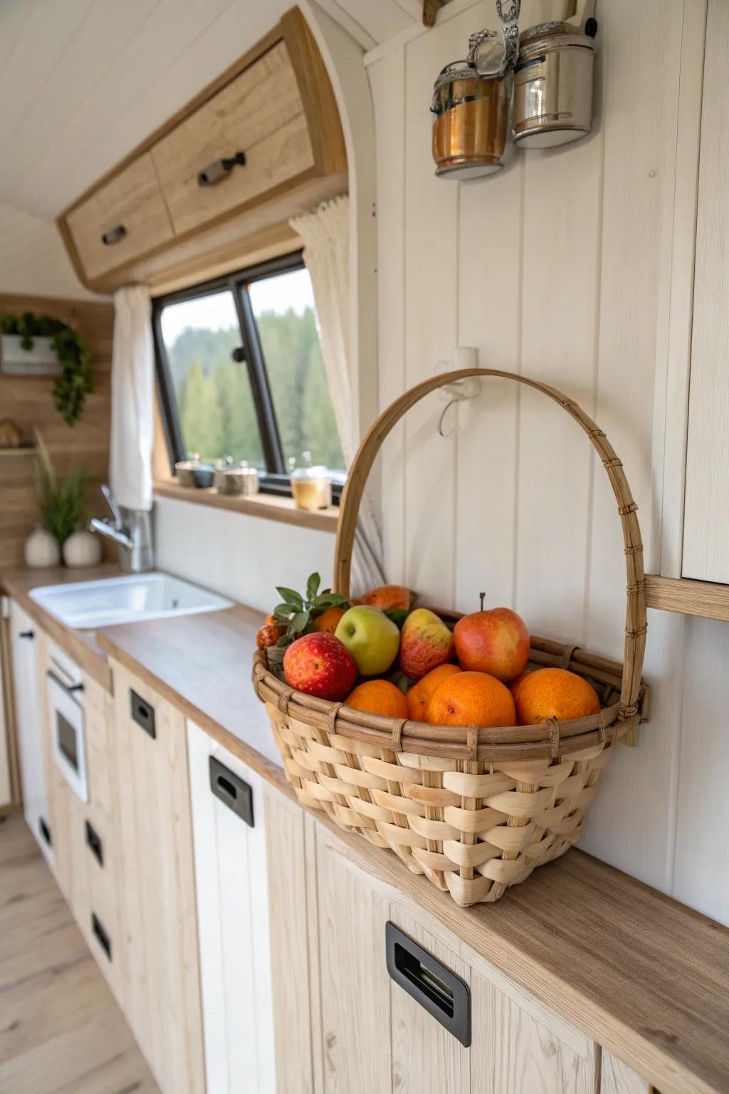 Elevate your RV kitchen with rustic wall-mounted baskets—perfect for a hint of charming simplicity.