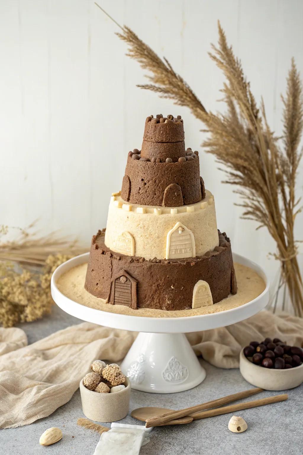 Elevate your dessert presentation with a stunning sandcastle cake - a delightful fusion of flavor and artistry!