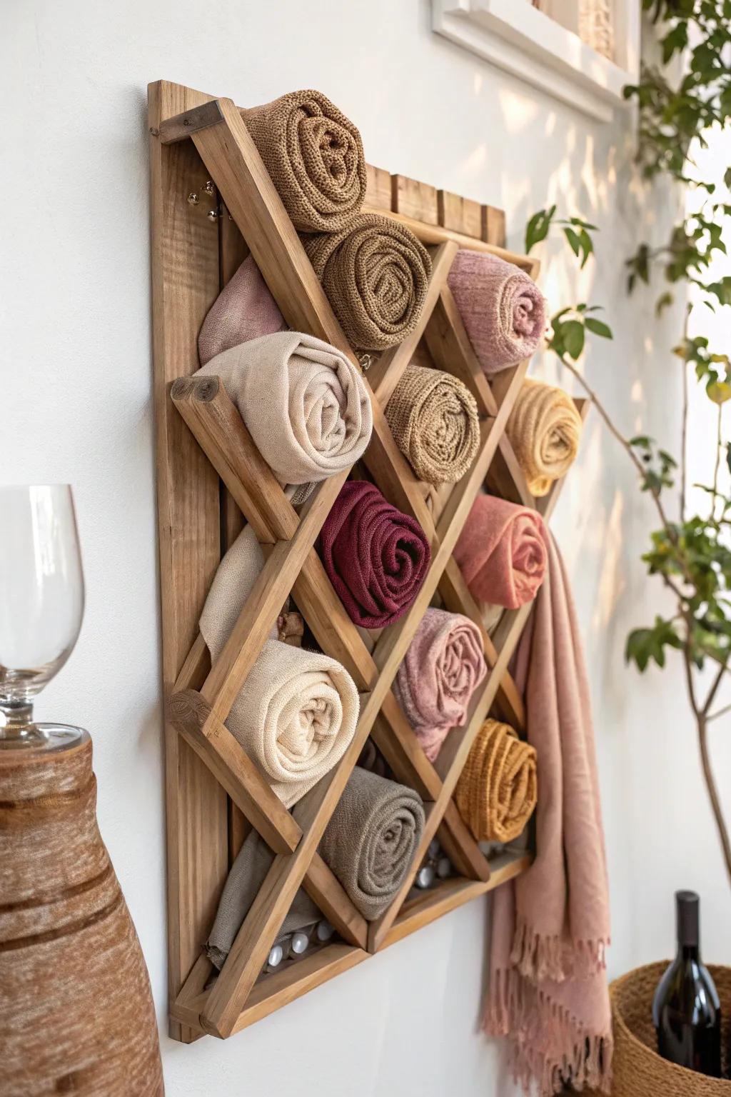 Elevate your scarf game with a chic and clever repurposed wine rack, blending function and style effortlessly.