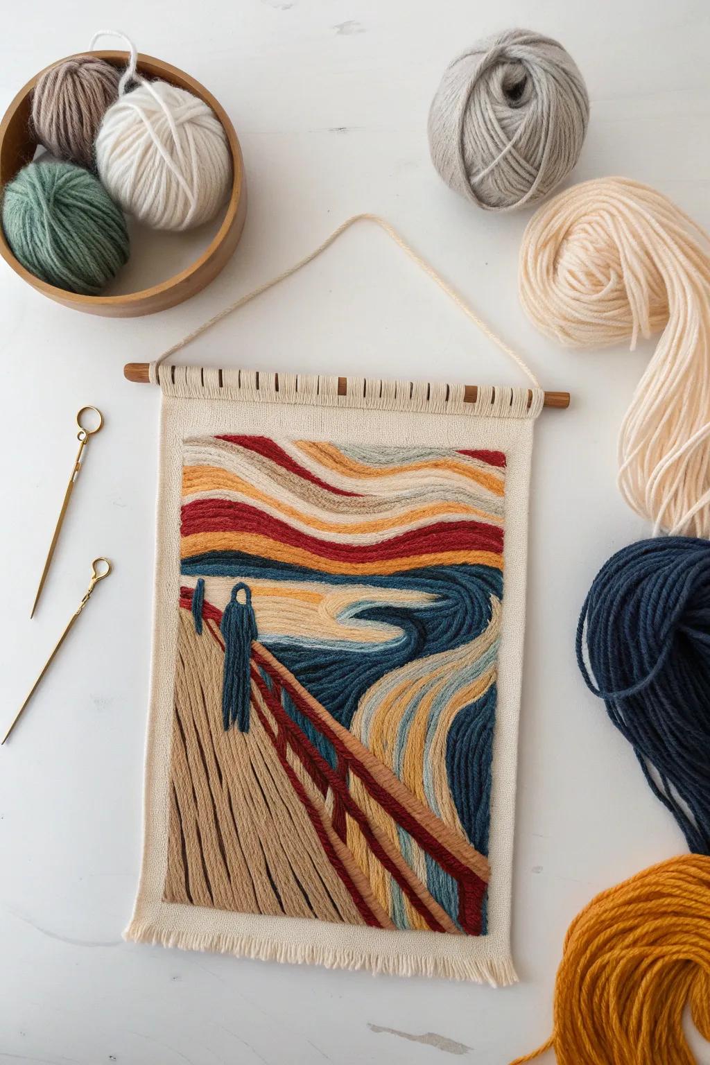 Unlax through 'The Scream' rendered in thread - wherein artistic expression converges with snug workmanship.