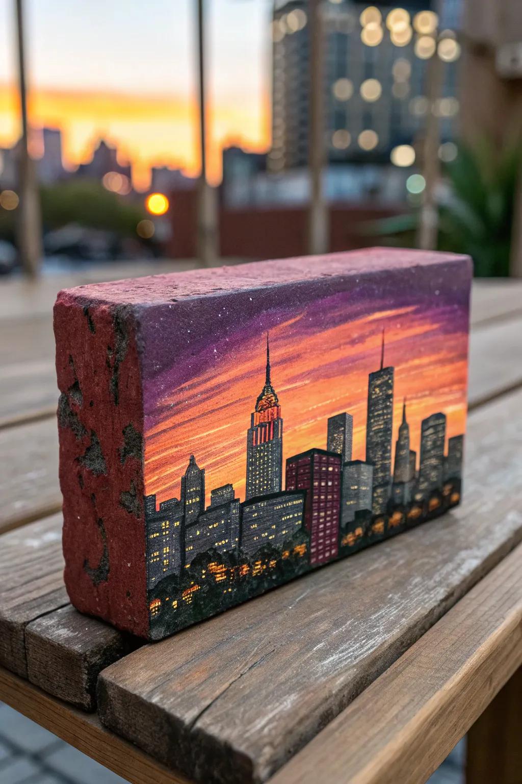 Transform a simple brick into a window to another world with a vibrant cityscape painted masterpiece.