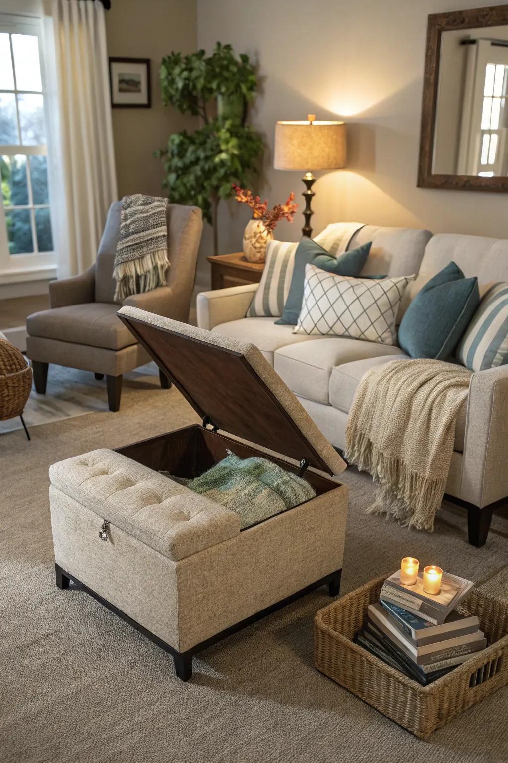 Storage seating provides concealed, stylish options for storing linens.