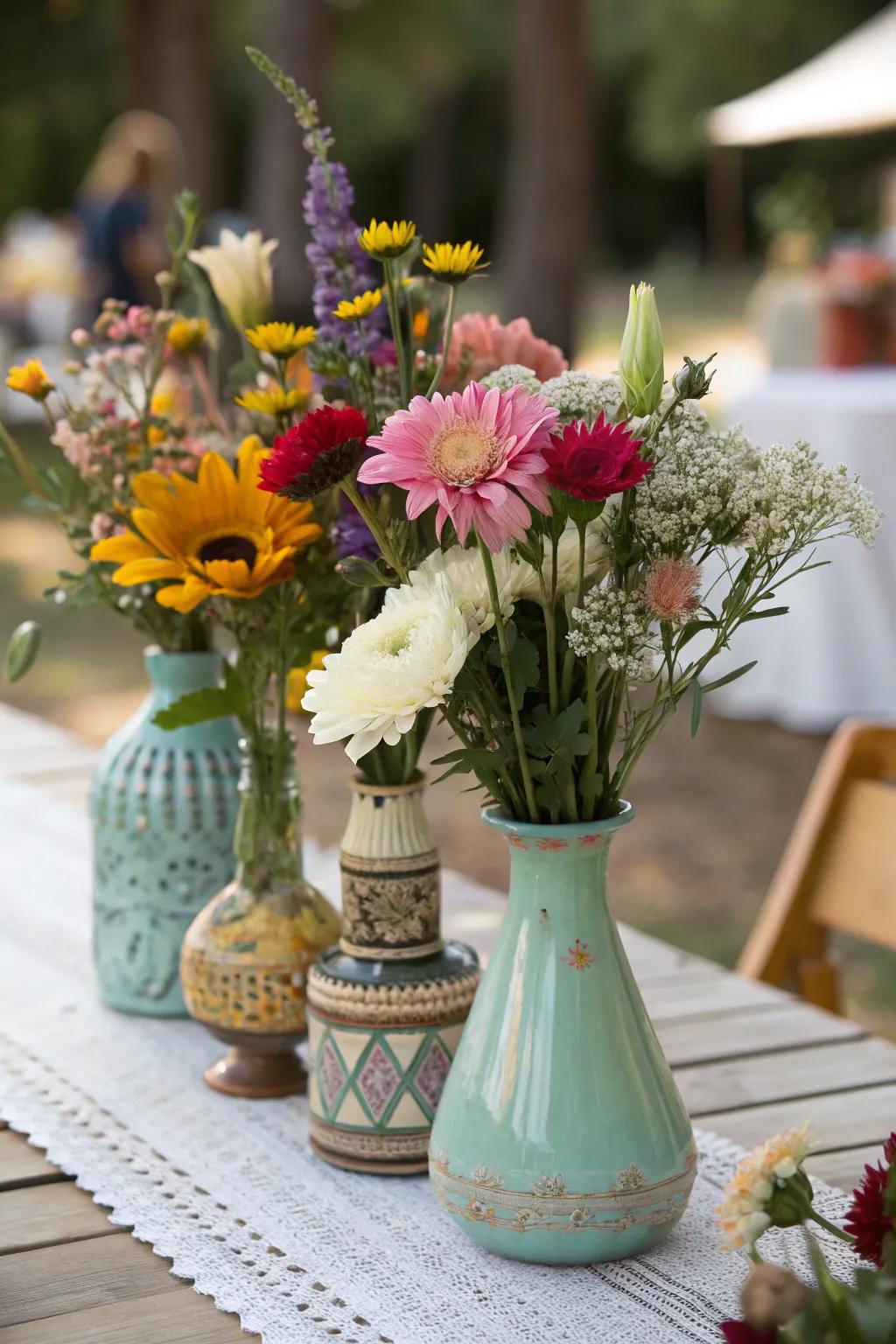 Vintage vases introduce personality and allure to floral arrangements.