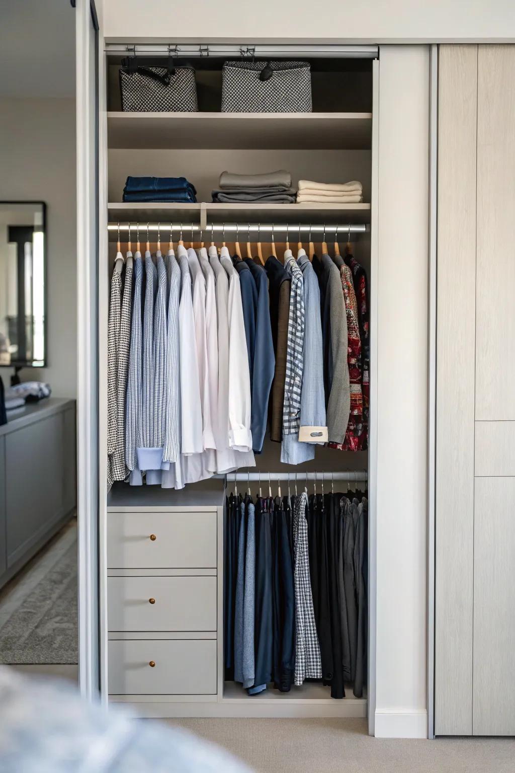 Slim hangers maximize space and preserve garment shape.