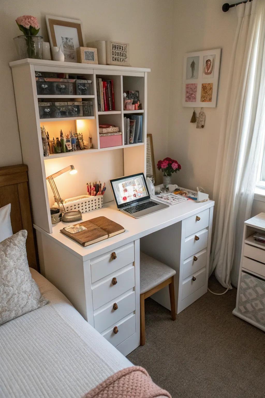 Concealed storage in a desk assists in sustaining a neat workspace.