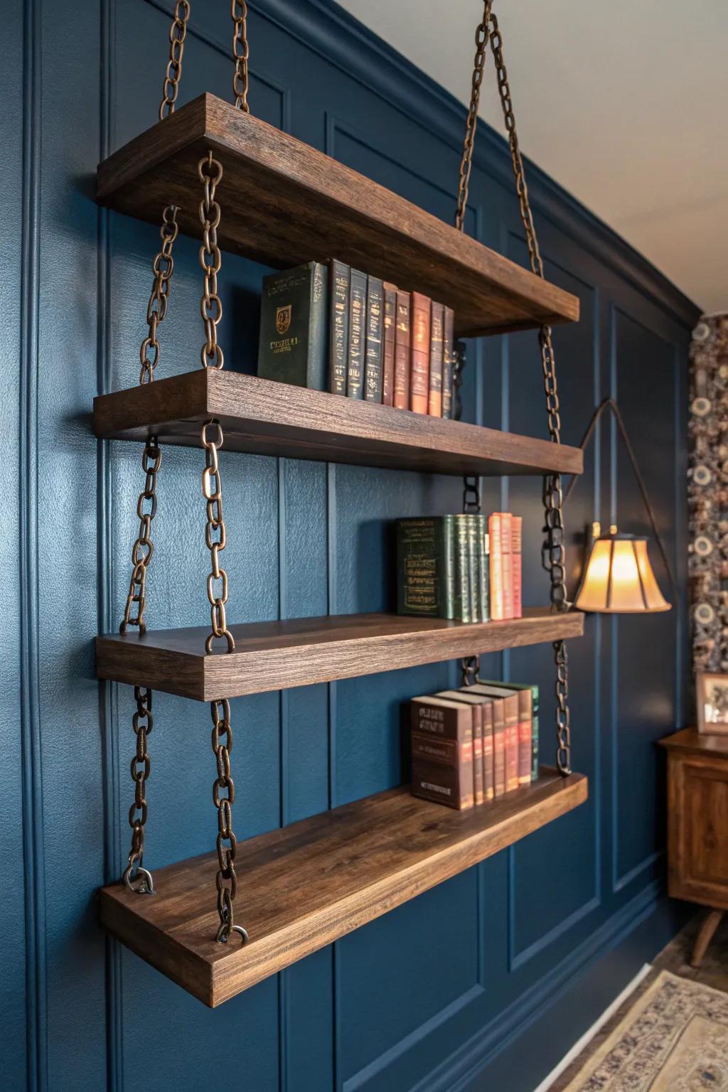 Elevate your dwelling with a handcrafted suspended bookshelf that blends elegance and artistry.