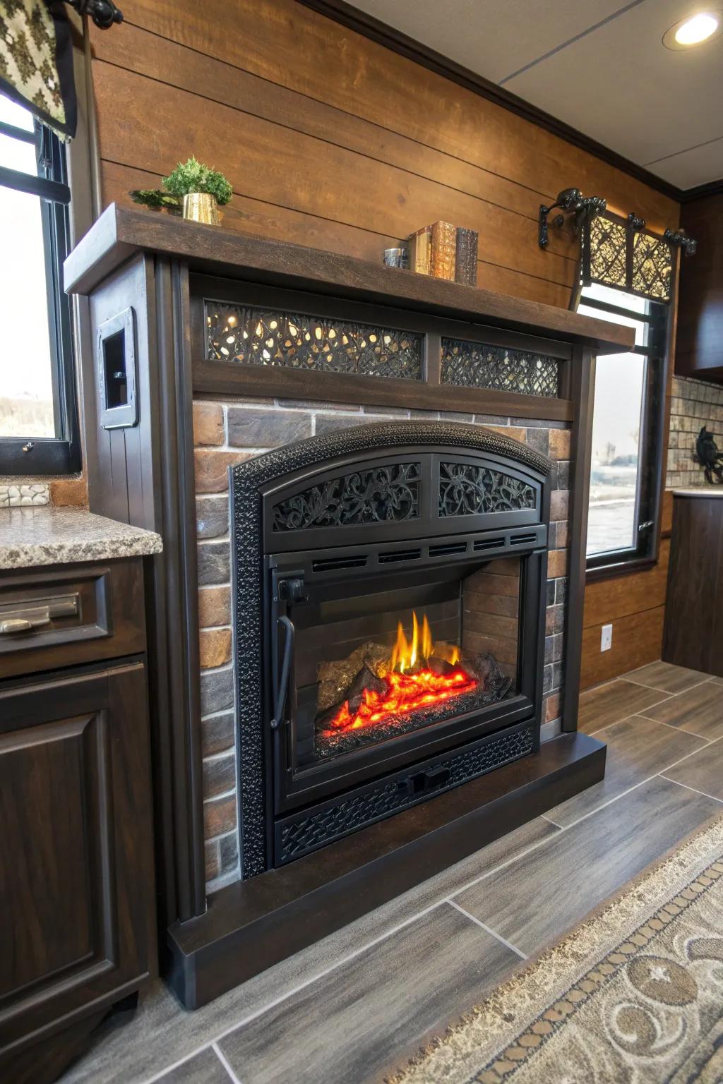 Transform your fifth wheel into a cozy haven with a stunning simulated fireplace centerpiece.