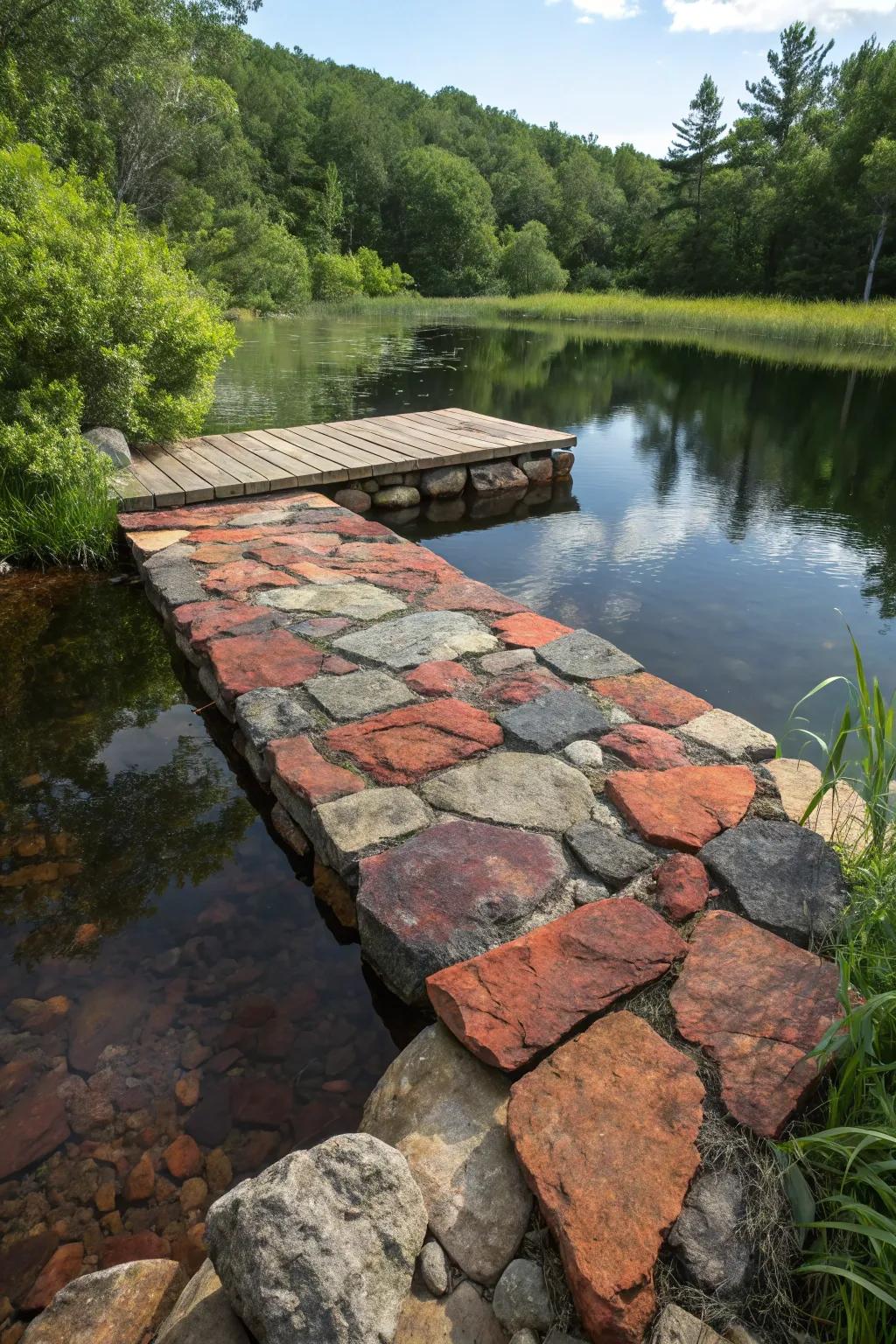 Embrace nature through a stunning rock dock, where artistry coalesces with the serenity of the outdoors.