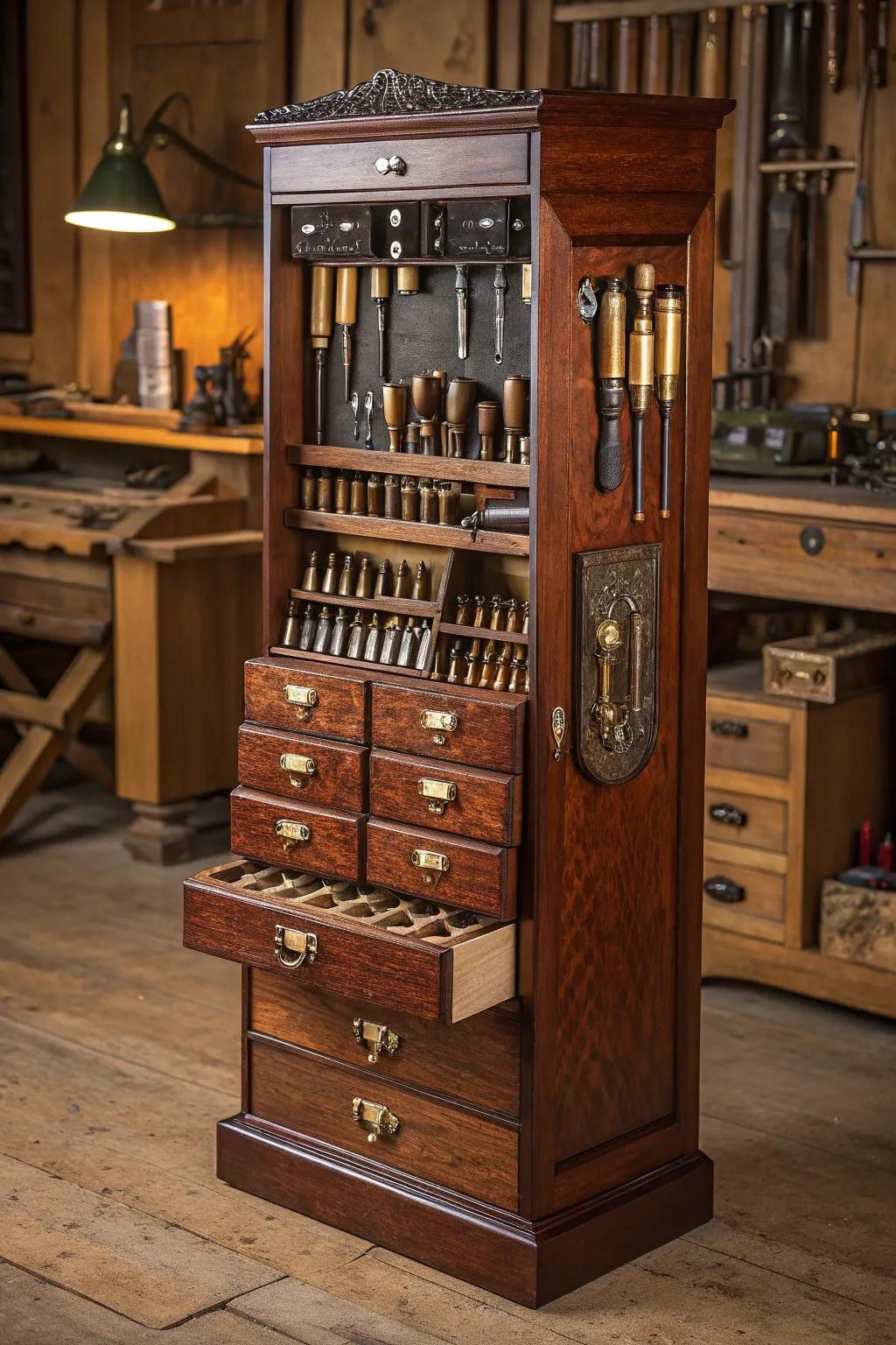 Transform your workshop with bespoke instrument cabinets that blend functionality with exquisite craftsmanship.