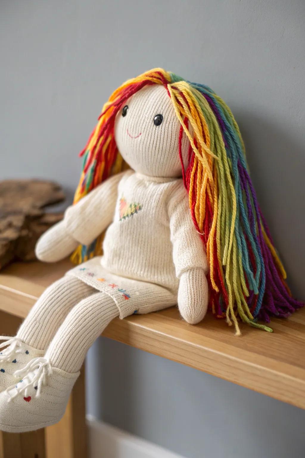 Embrace the charm of handmade elegance with this colorful, long-haired sock doll—where simplicity meets boho flair.