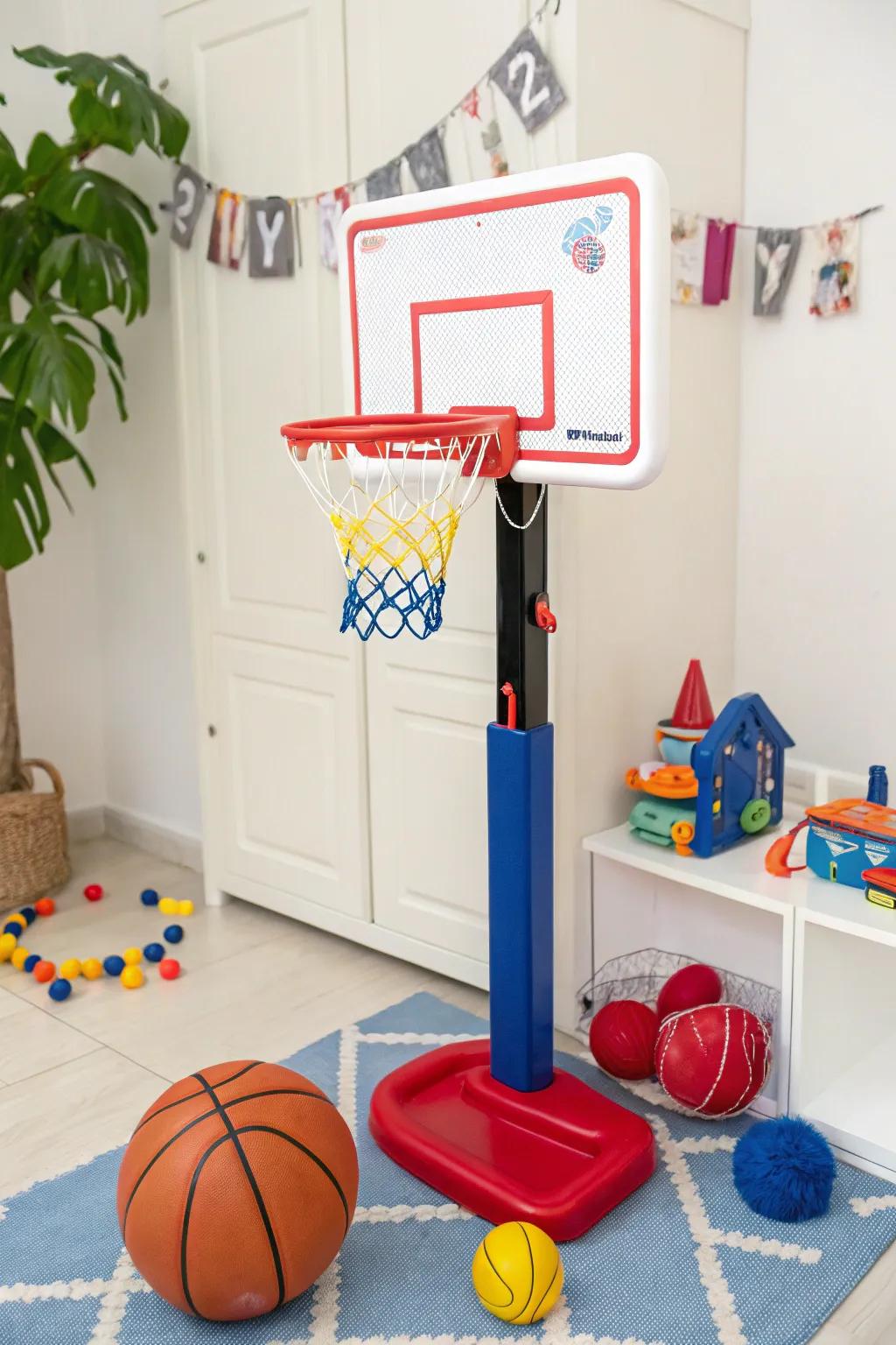Interactive features, like a mini basketball ring, add fun.