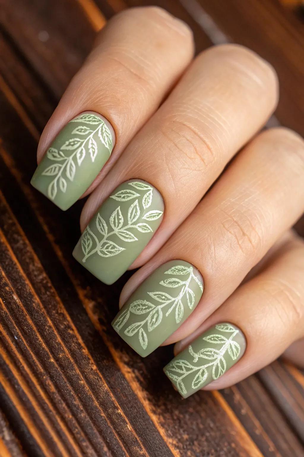 Embrace nature with these olive green leaf-patterned nails, a flawless confluence of refinement and craftsmanship.