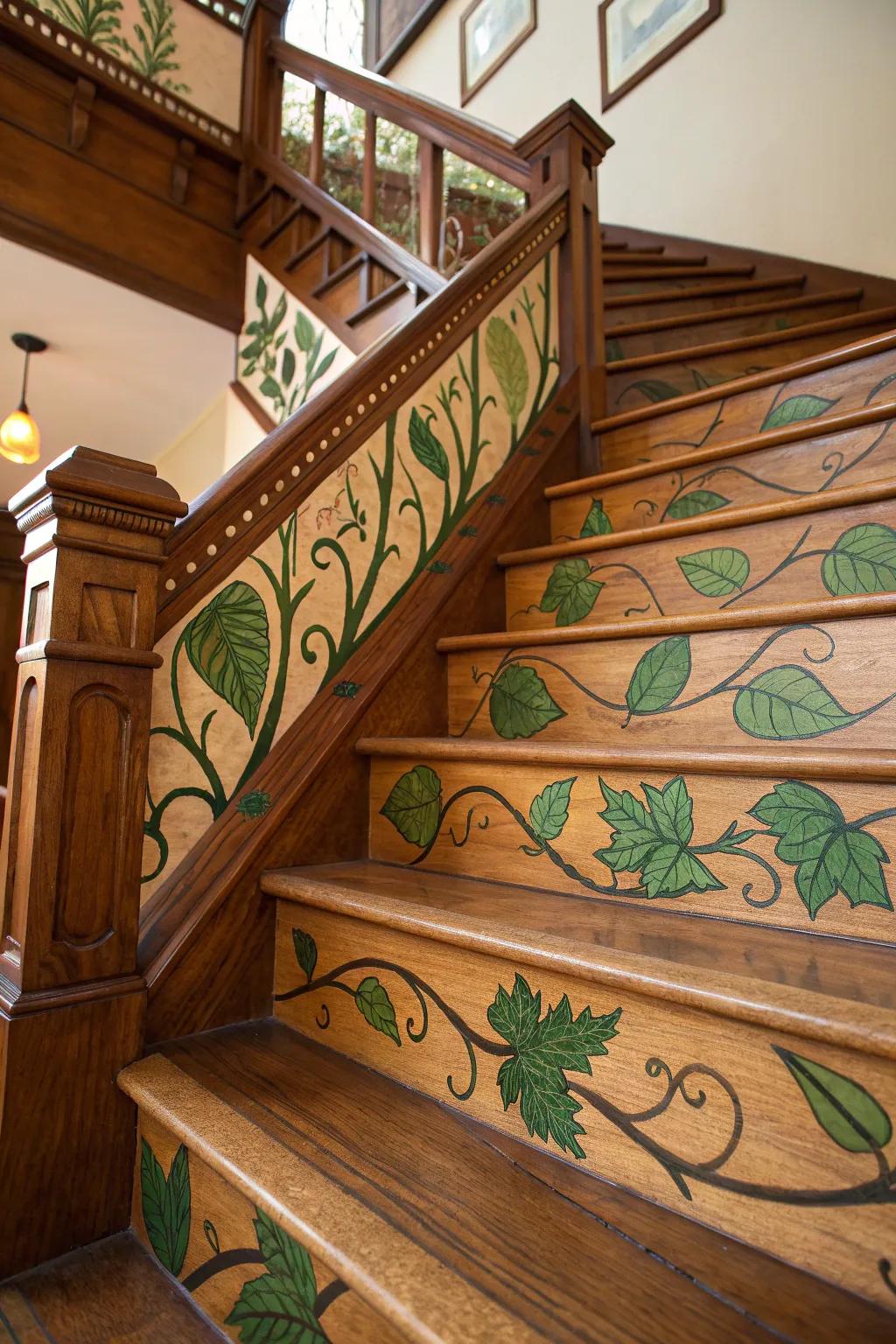 Transform your stairway with striking nature-inspired themes for a touch of woodland elegance.