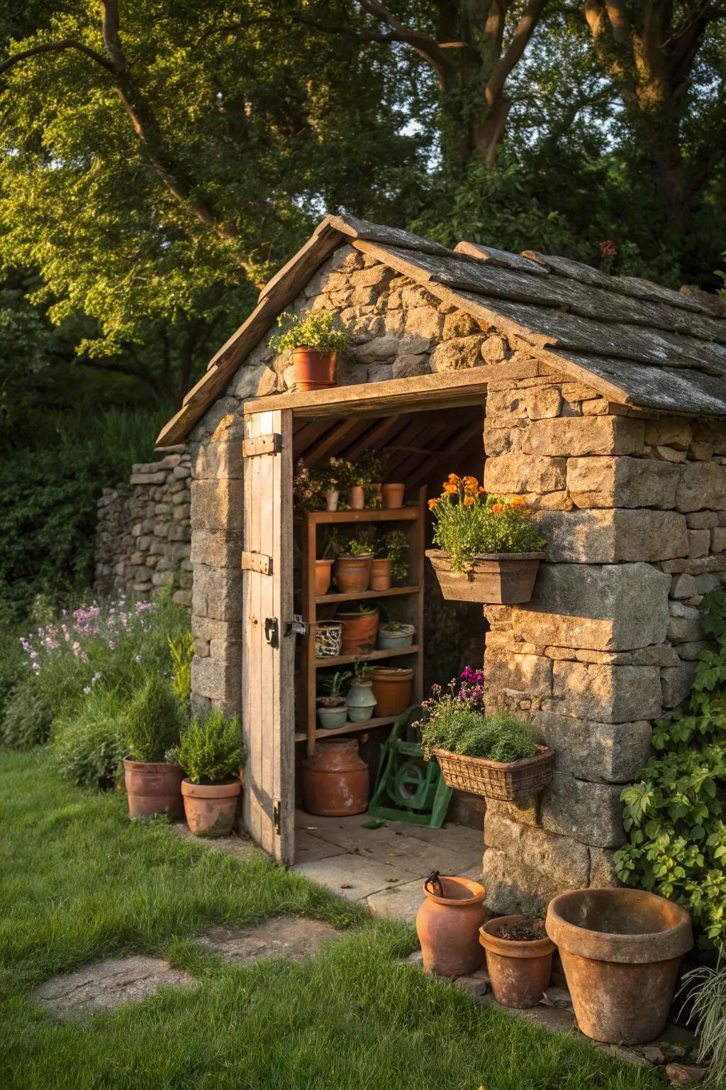 Discover serenity within the artistic artisanship of this inviting stone planting structure.