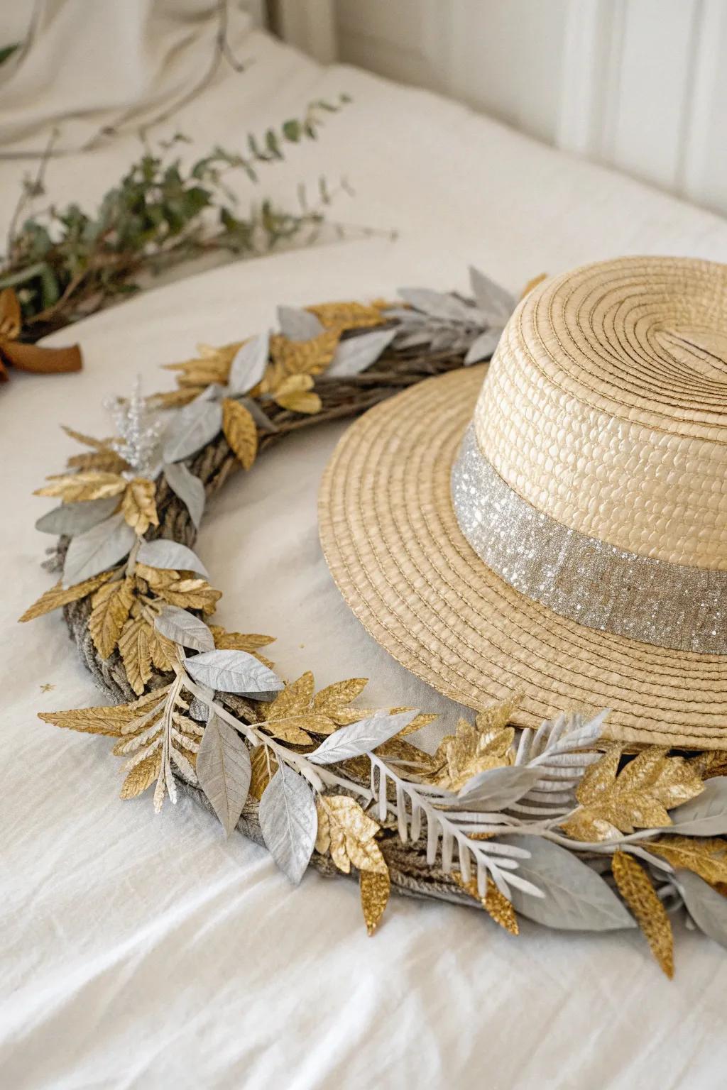 Embrace Metallic Elegance: Transfigure your straw bonnet garland with a touch of gilded and argent shimmer.