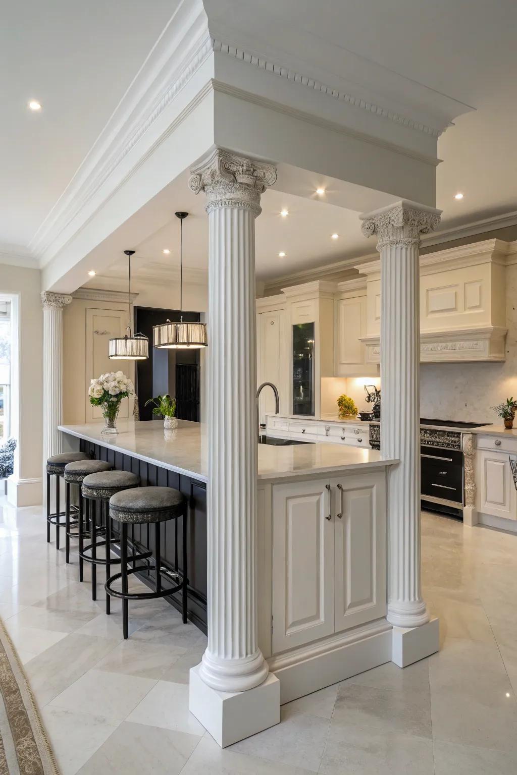 Classic columns infuse grace into the kitchen island design.