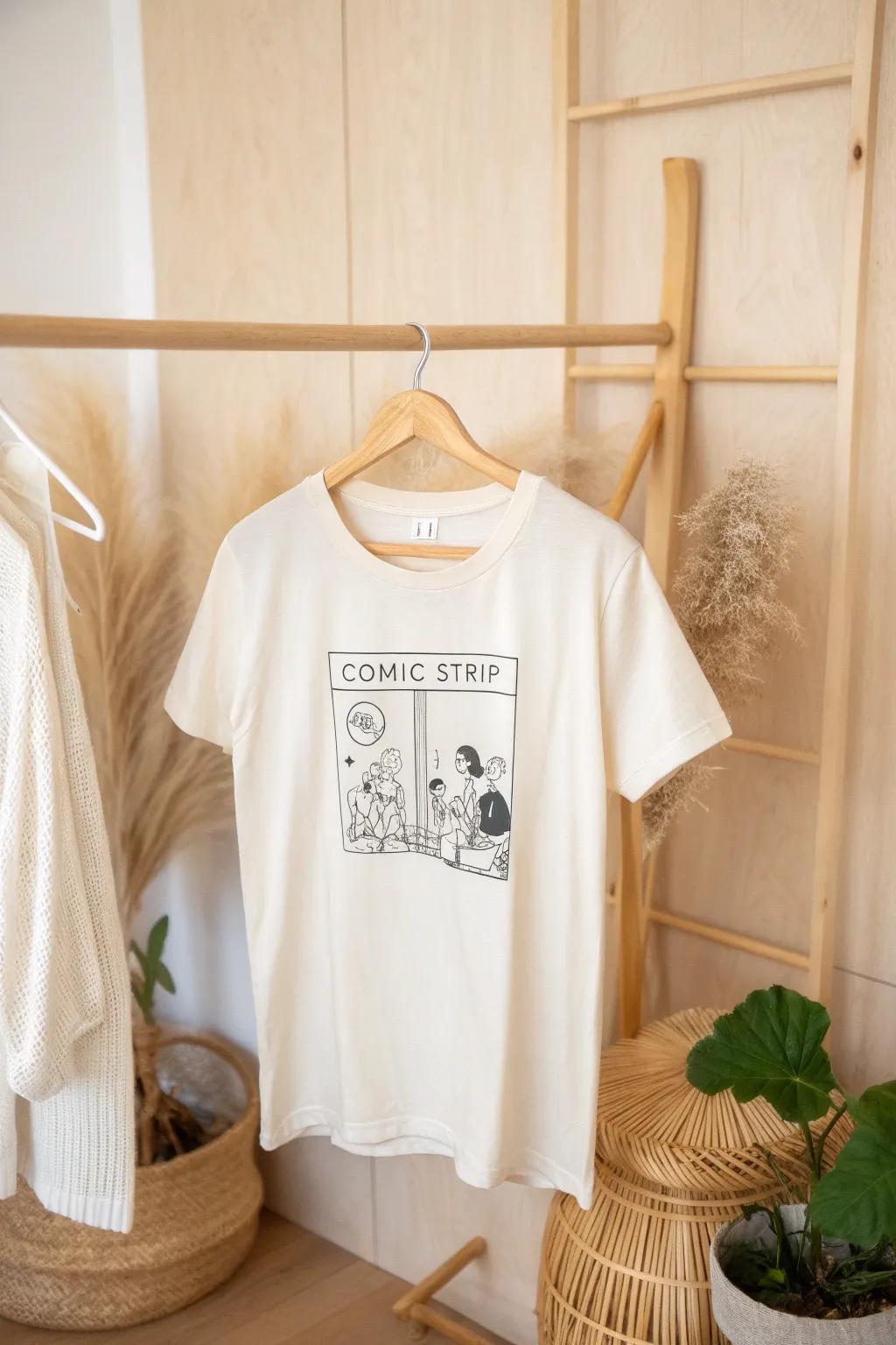 Add a playful narrative to your style with minimalist comic strip t-shirts. 🌿 #ScandinavianBoho #ComicChic