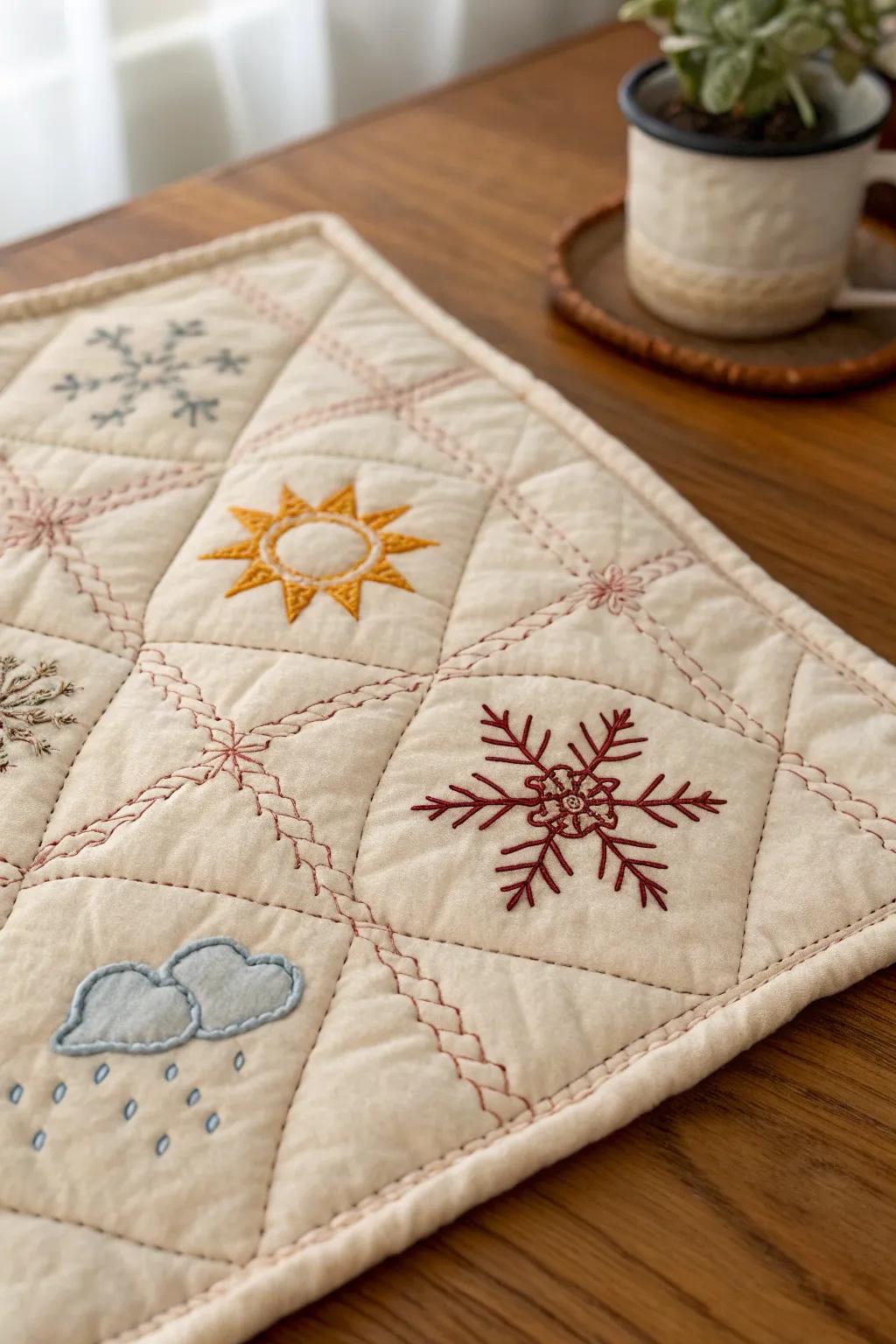 Incorporate a hint of personal flair through weather symbol embroidery upon your quilt!