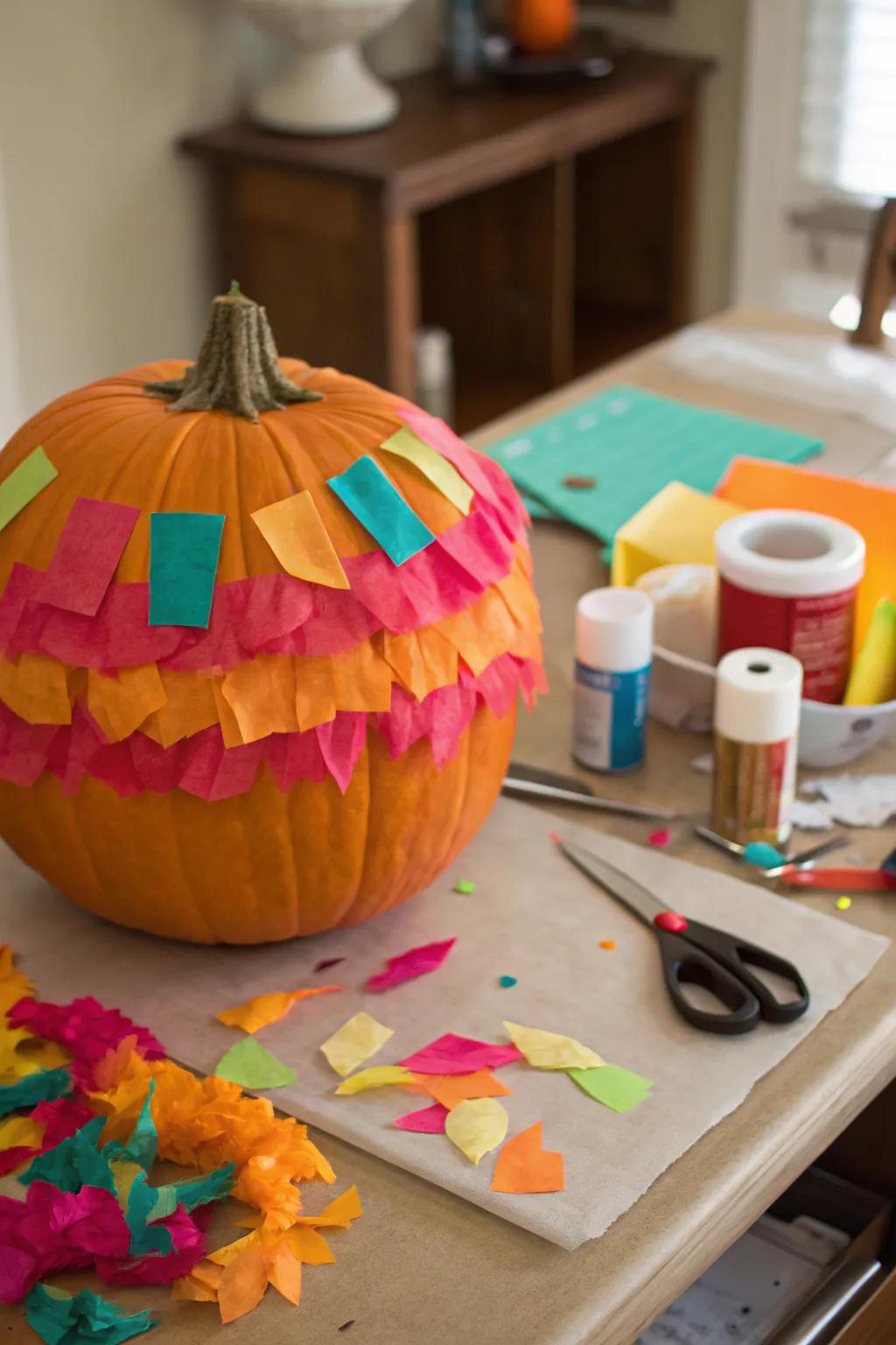 A vibrantly hued pumpkin decorated with tissue paper.