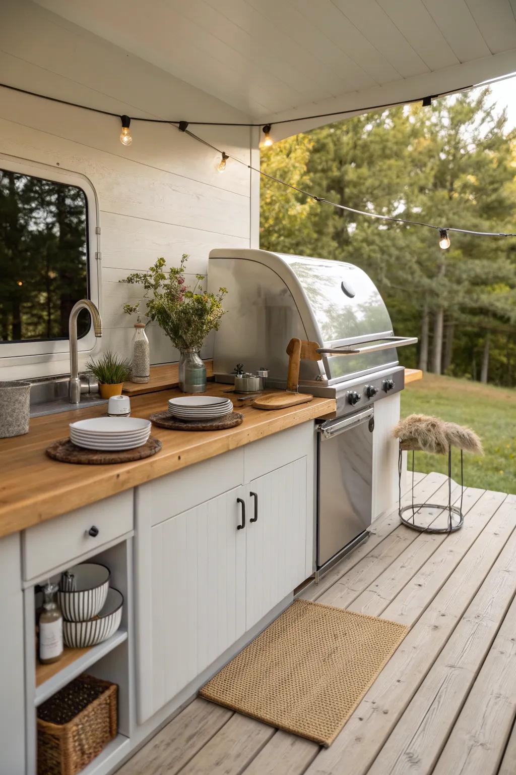 Elevate your al fresco dining enjoyment using a minimalist outdoor kitchen, where nature meets craftsmanship.