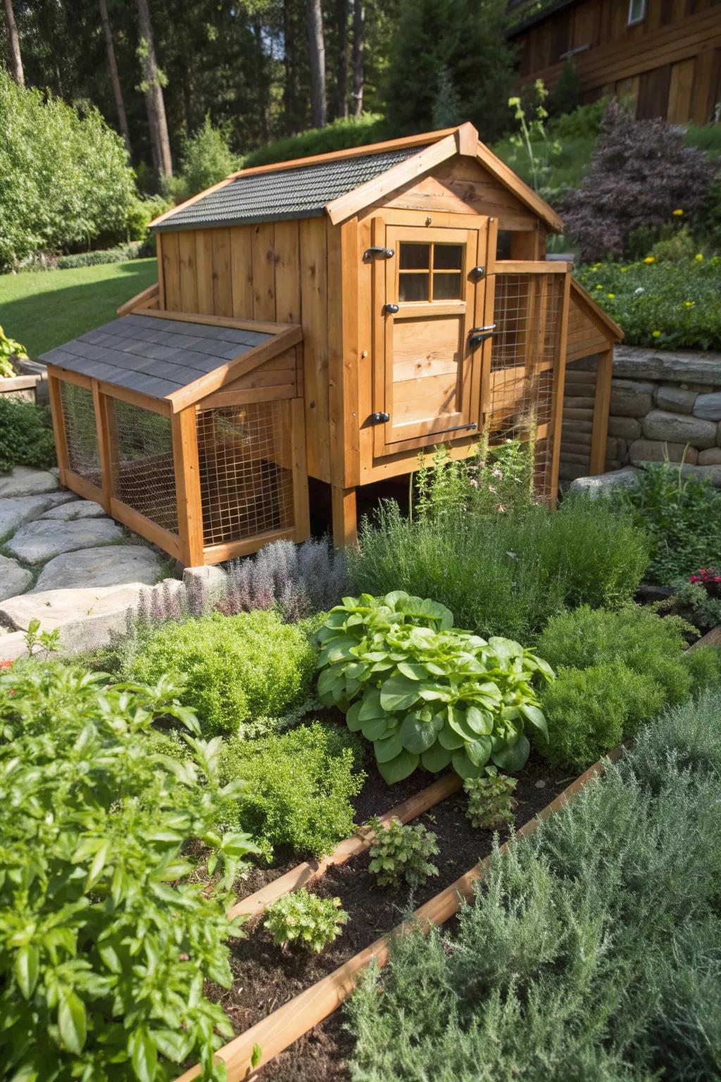 A flawless combination of artistry and nature: a turkey coop embraced by a fragrant herb patch.