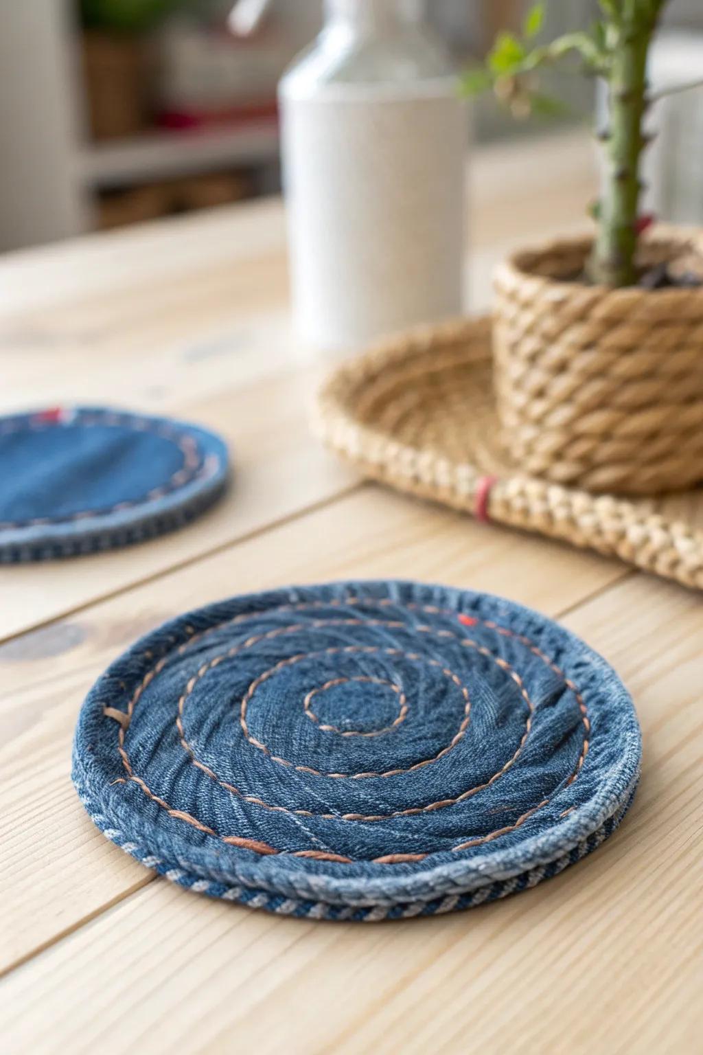 Transform your antiquated denim into exquisite, rustic coasters that safeguard and embellish with panache.