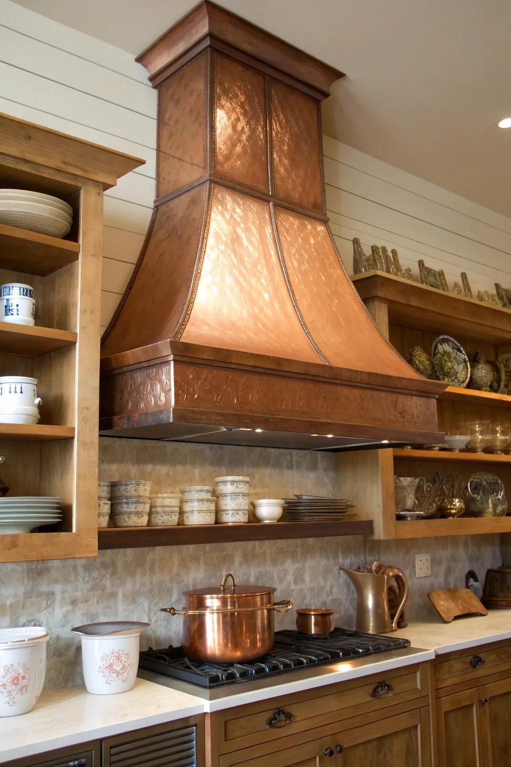 Elevate your kitchen's aesthetic with a striking copper range hood and exposed racking—where style meets functionality.