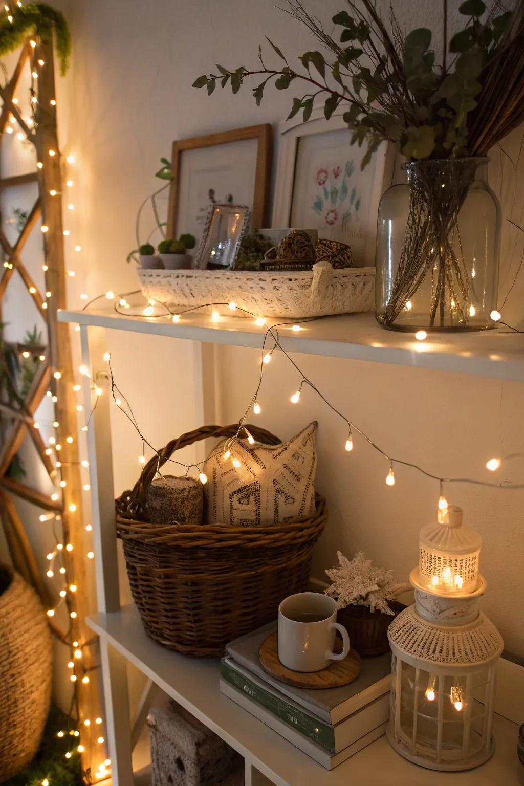 A fantastical vignette illuminated by fairy lights.