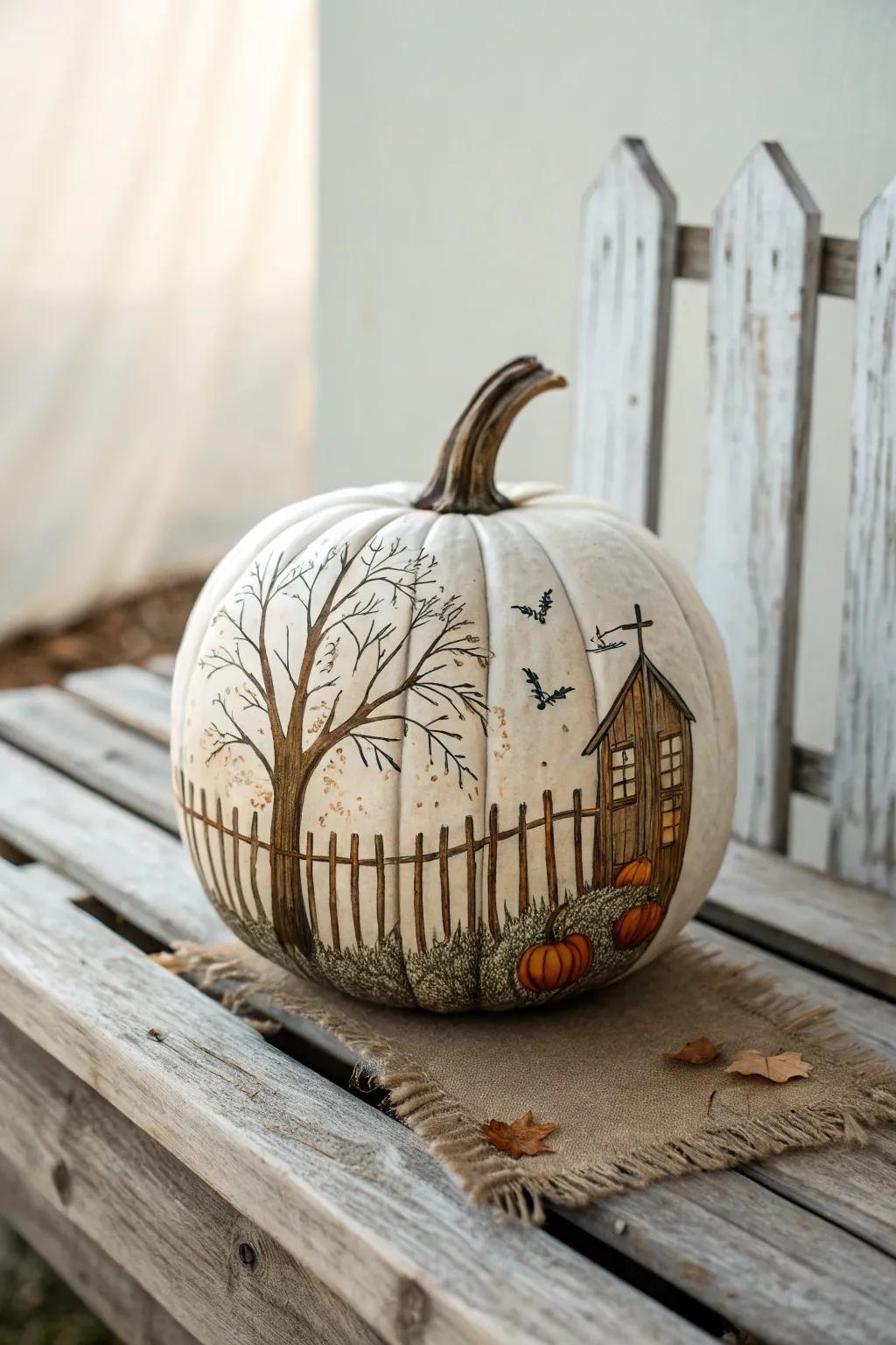Embrace rustic charm with a pumpkin painted like a time-worn timber barrier, ideal for an inviting farmhouse vibe.