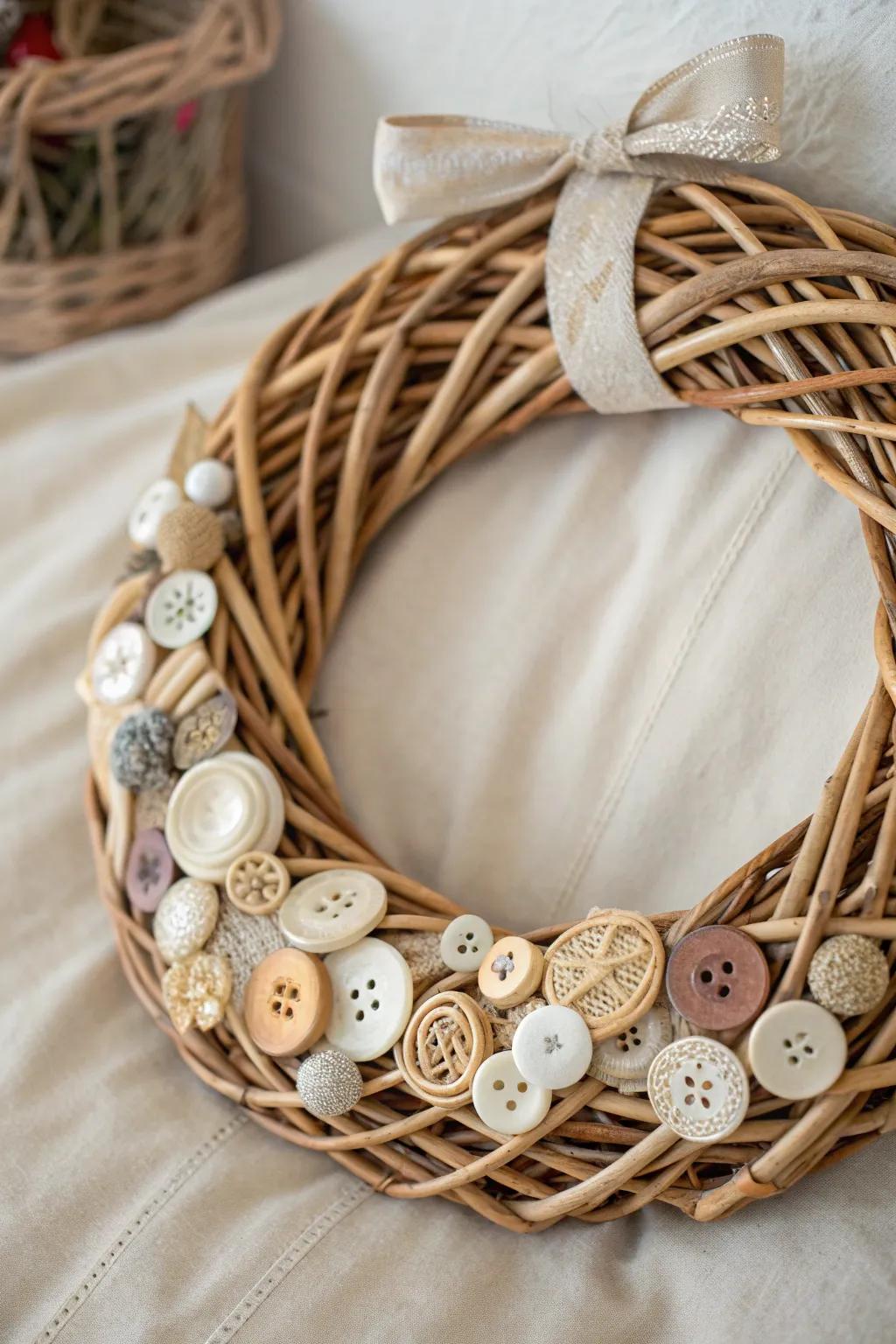 Elevate your decor with a charming wicker wreath adorned with classic fasteners for a unique, boho-chic touch.