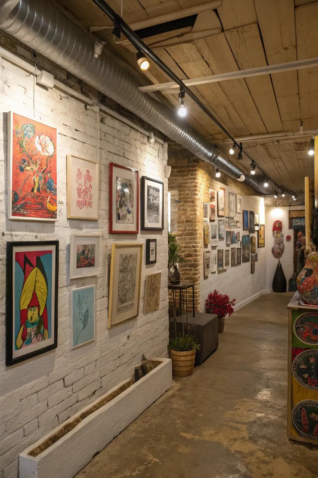 Art pieces contribute a personal touch to a basement area.