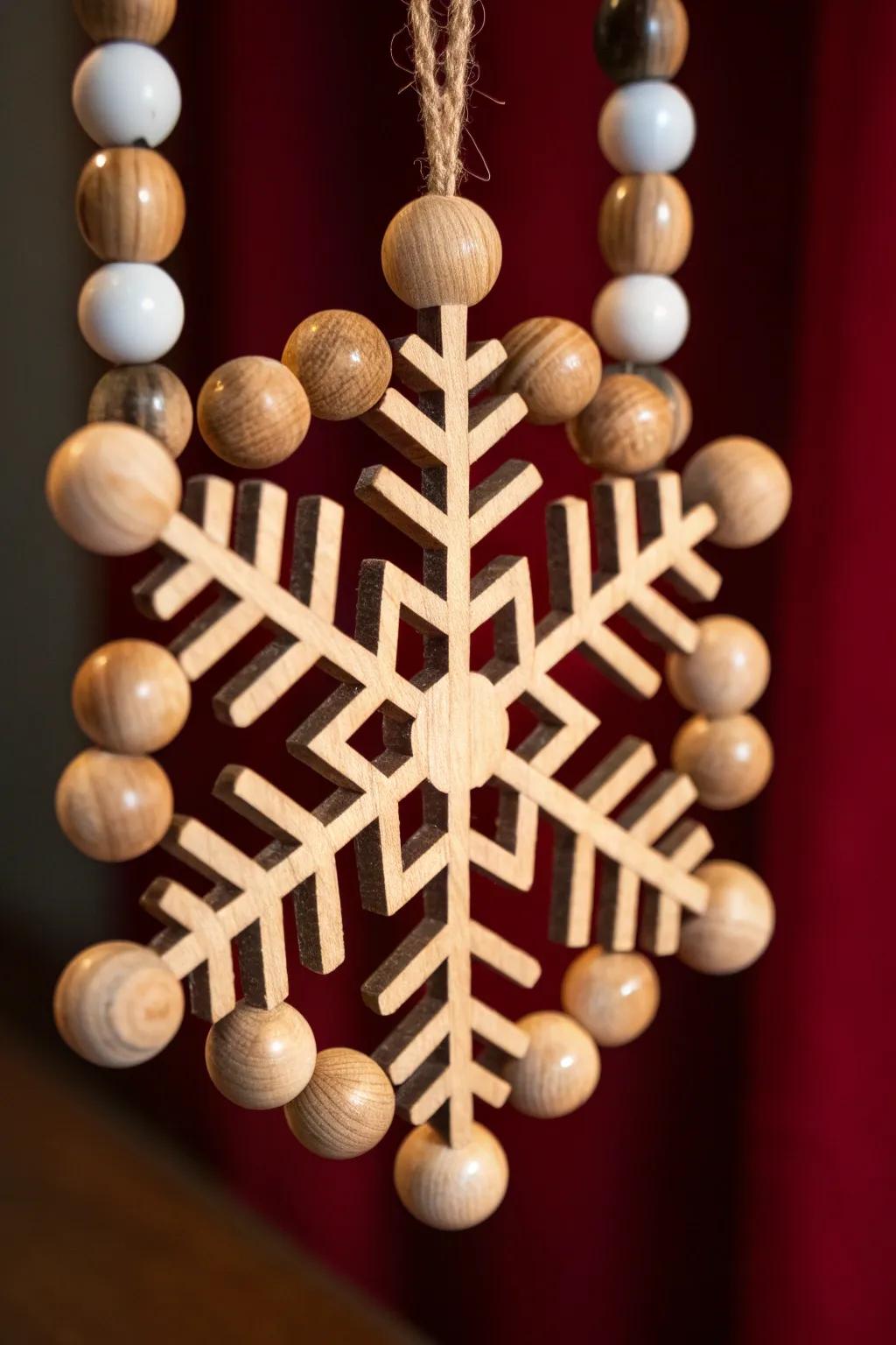 Sophisticated Artistry: Discover the Art of Wood Bead Snowflakes.