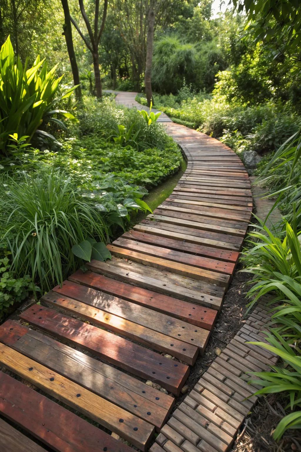 Step into serenity with this rustic wooden pallet pathway, where craftsmanship meets natural beauty.