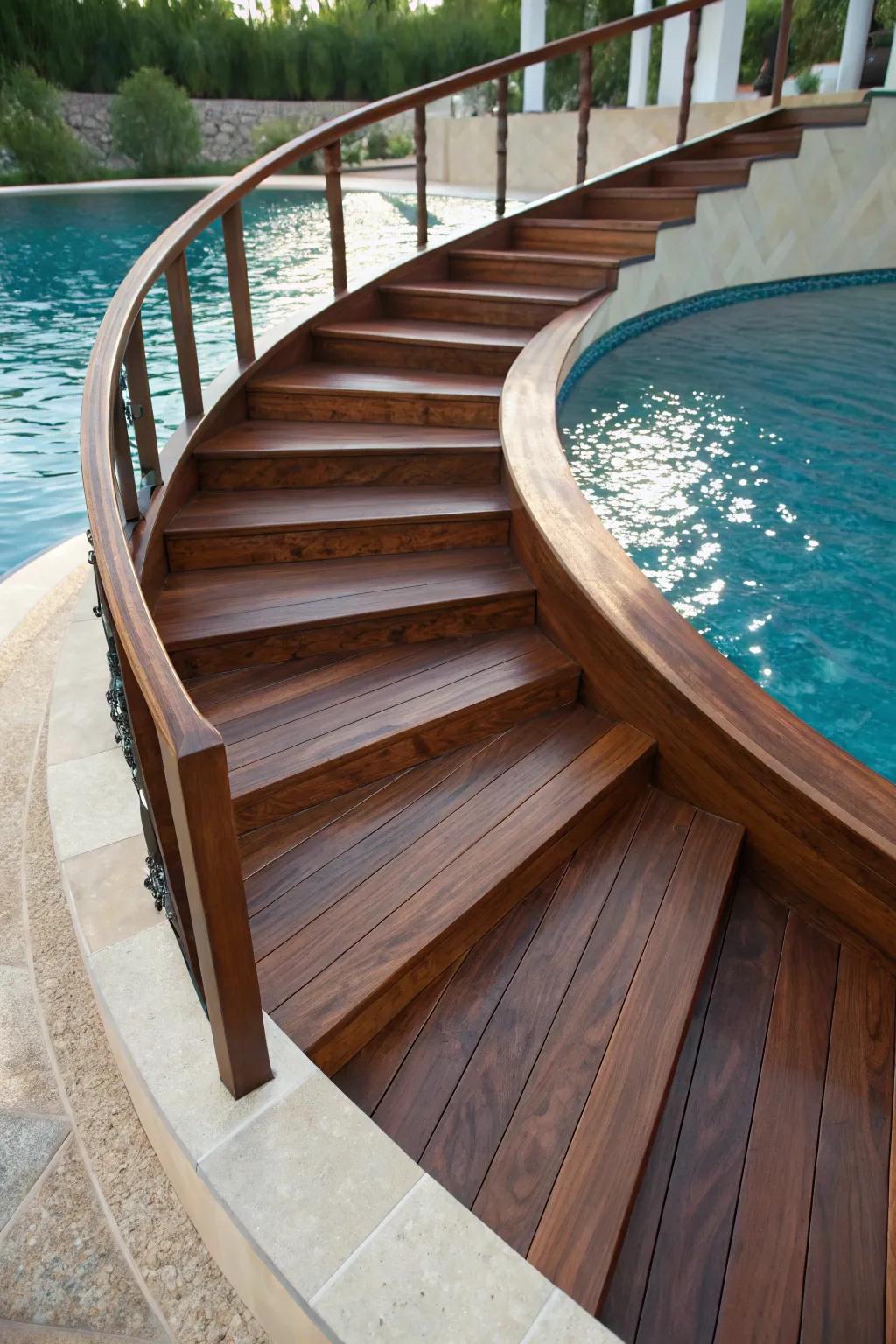 Elevate your poolside with the artful grace of curvilinear timber steps.