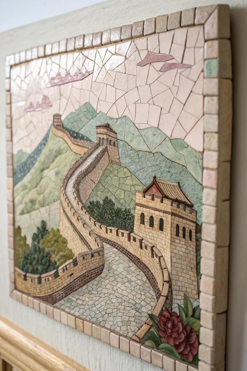 Discover the art of mosaic with a stunning tribute to the Great Wall of China, merging simplicity with intricate detail.