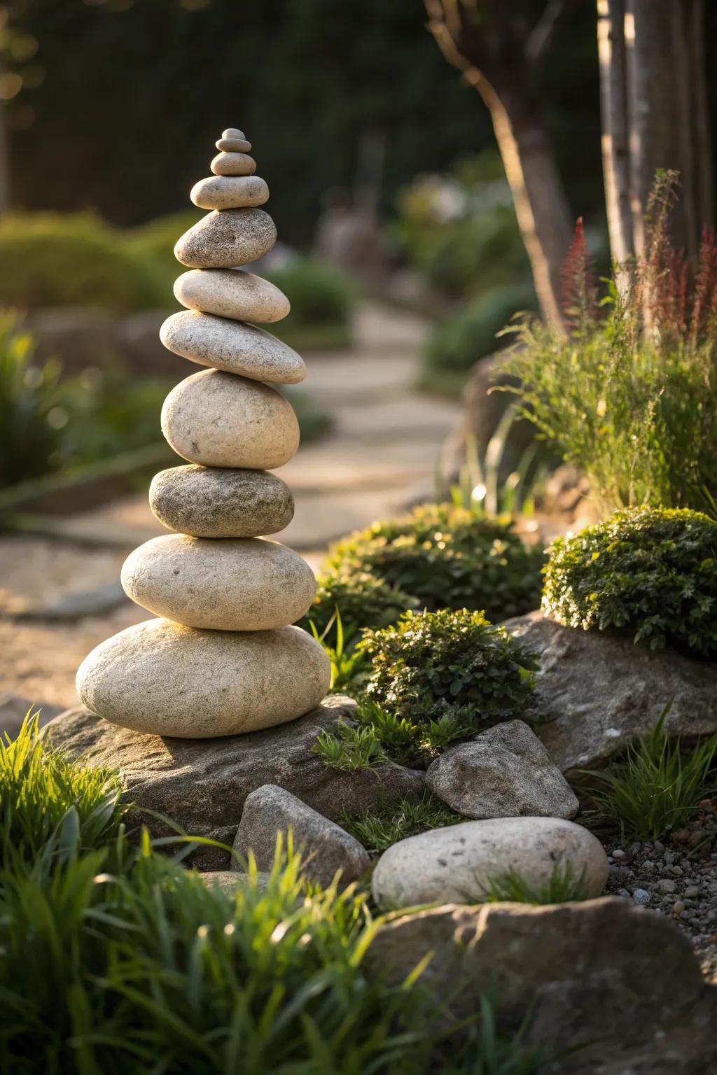 Enrich your garden with the skill of stone balance—nature's personal sculpture.