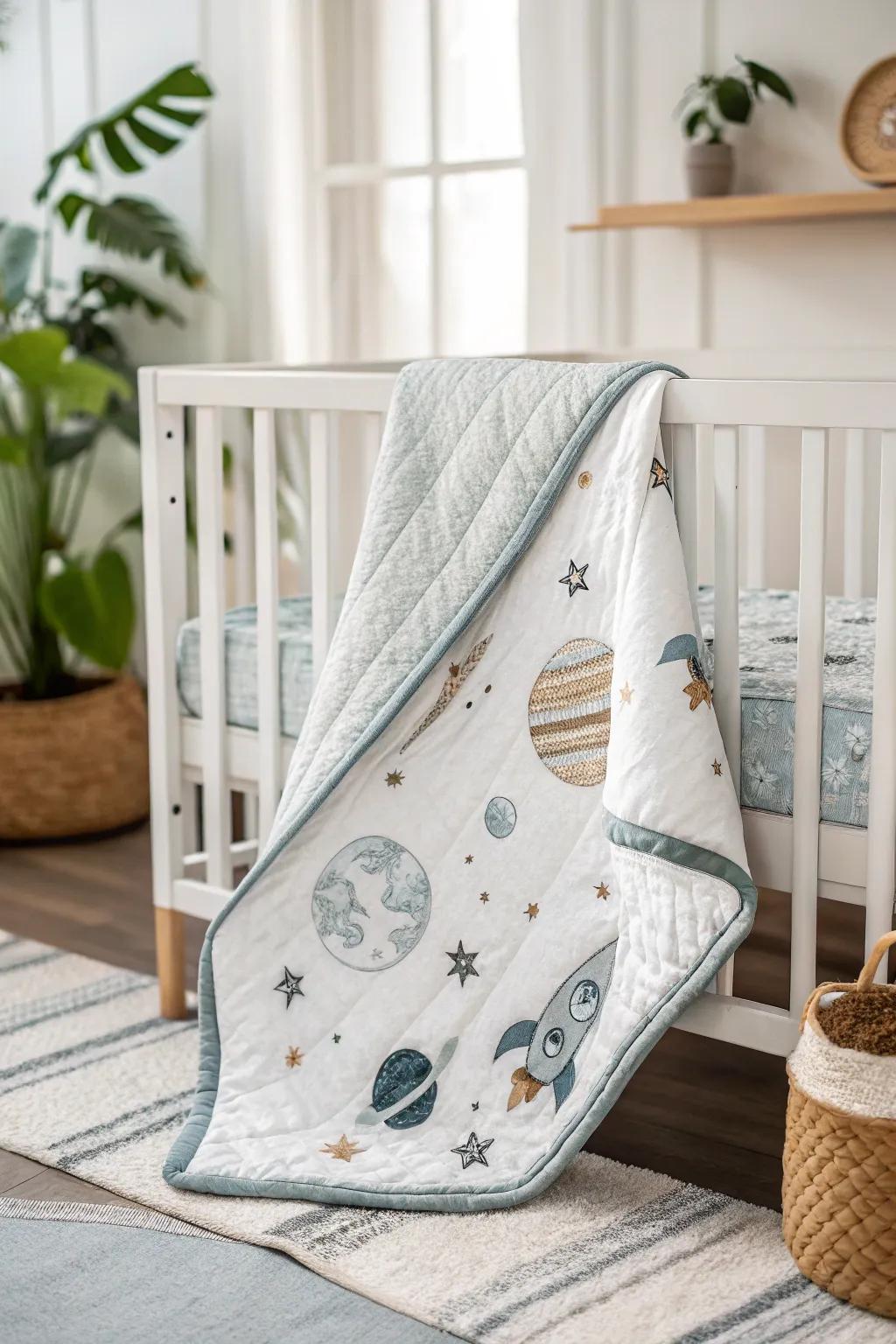 Dream big, little voyager—let this cozy quilt transport you to the stars.