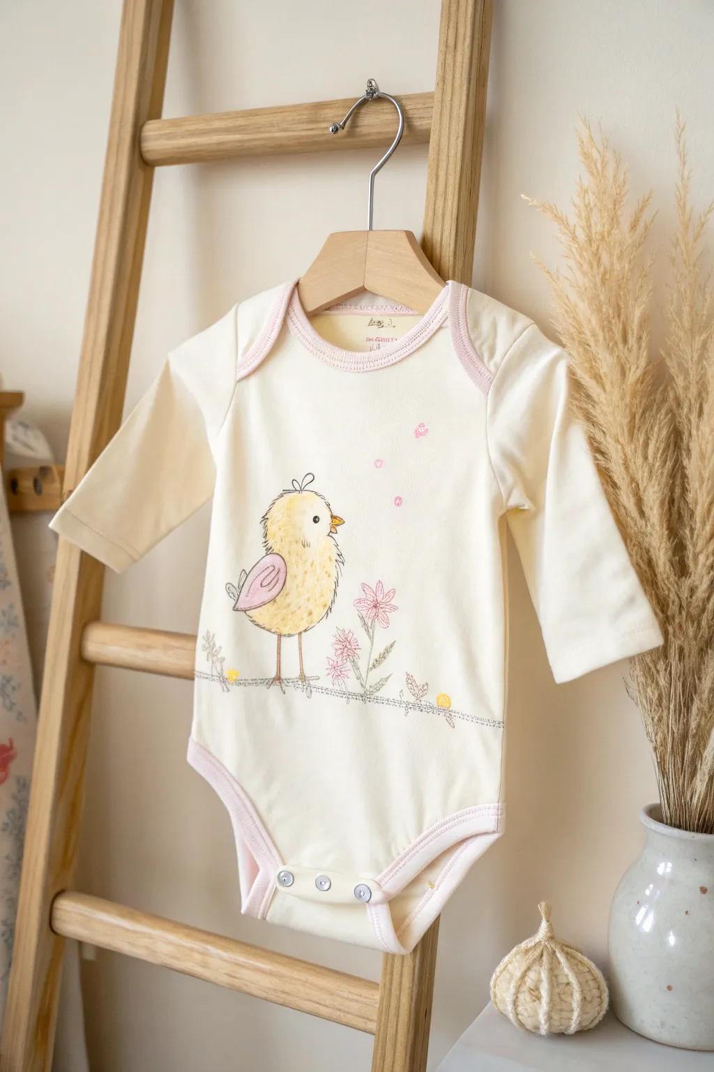 Embrace spring with this 'One Sweet Chick' onesie—where simplicity meets natural beauty.