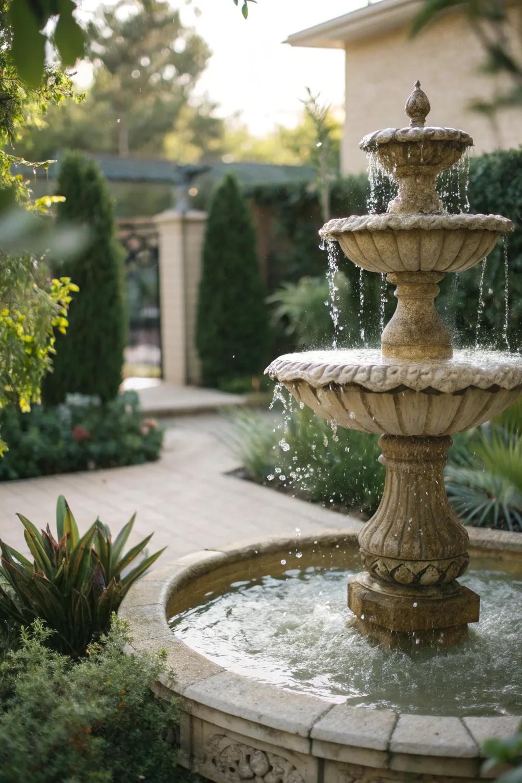 Transmute your landscape into a serene oasis with a sophisticated stone fountain centerpiece.
