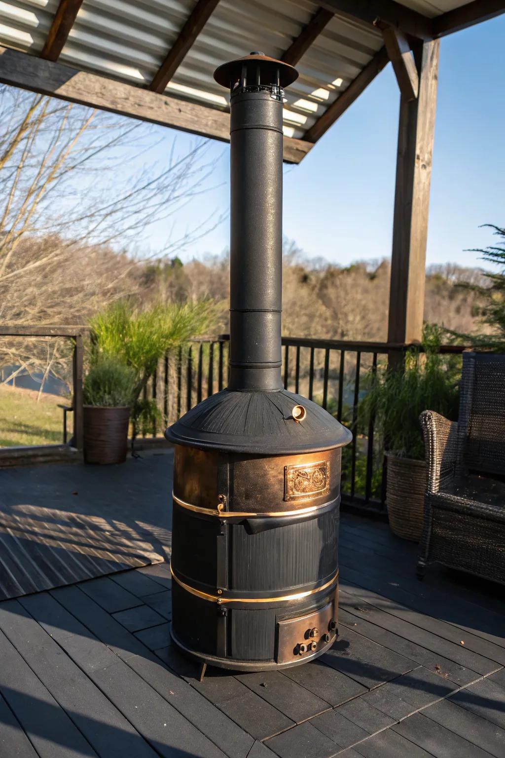 Elevate your outdoor setup with a barrel stove featuring a stylish chimney top cover. Function meets form in this essential upgrade.