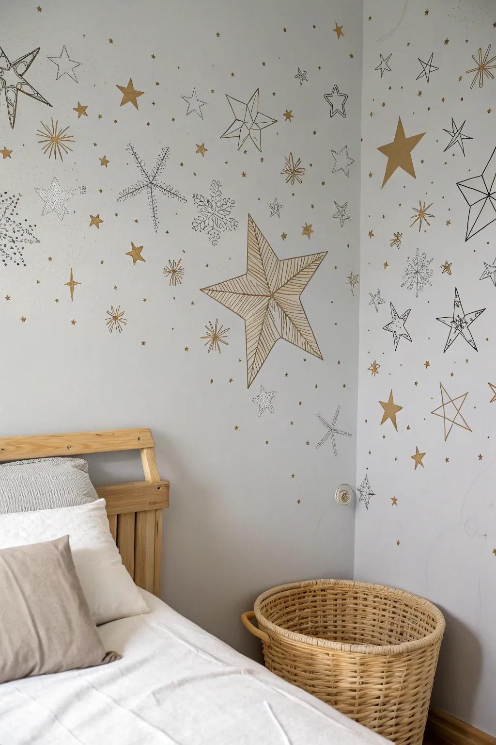 Transform your bedroom into a serene sanctuary with a whimsical starlit night wall drawing. ✨ #ScandiBoho #BedroomInspiration
