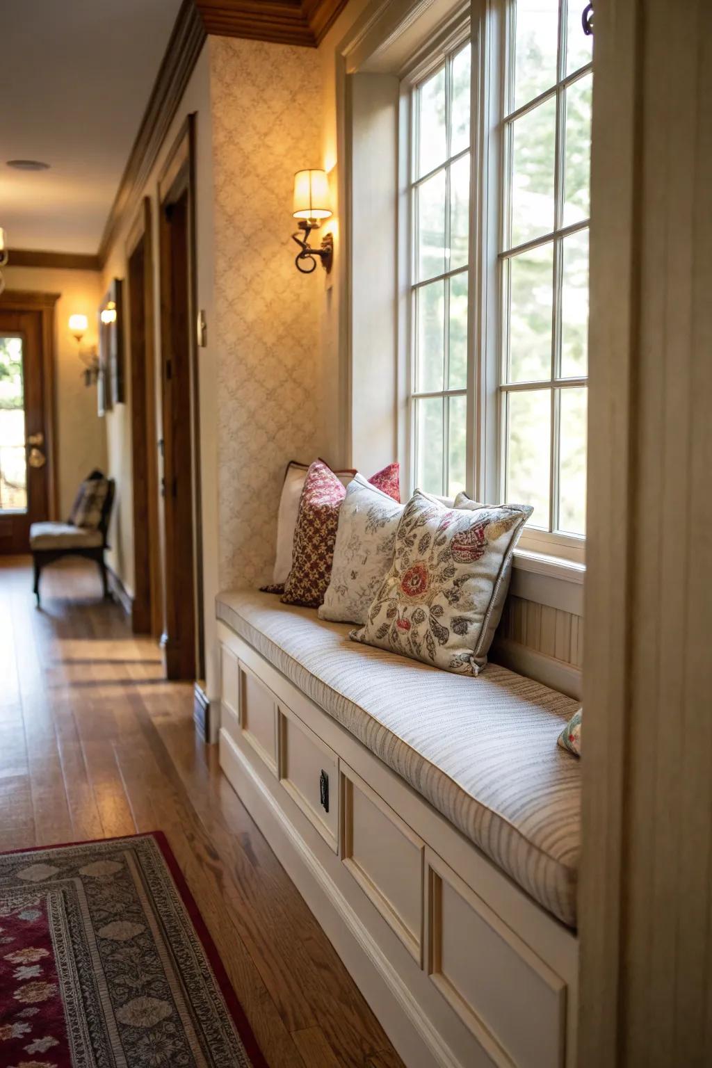 A bench appends both a comfortable and functional aspect to the passageway.