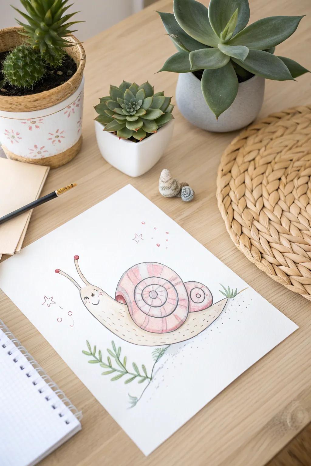 Embrace your artistic inclinations with this delightful gastropod sketch—perfect for beginners in pursuit of minimalist charm!